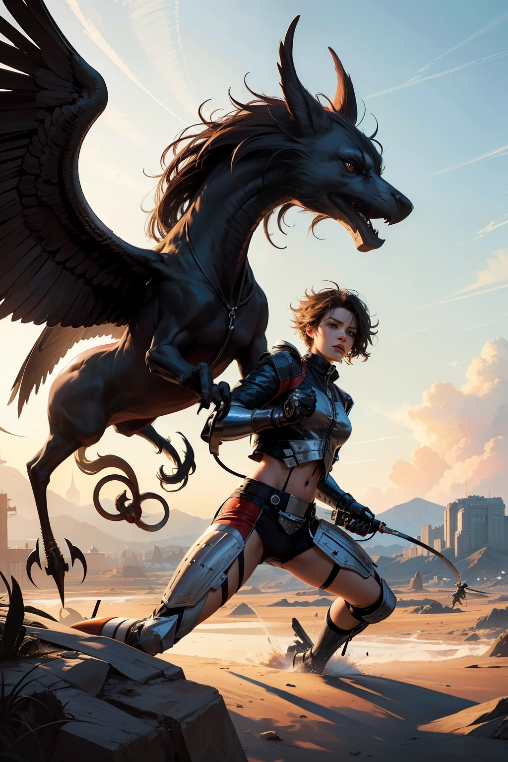 A fierce femme fatale with wild, untamed hair, riding a dragon covered in tribal tattoos, against a dystopian backdrop of crumbling skyscrapers.