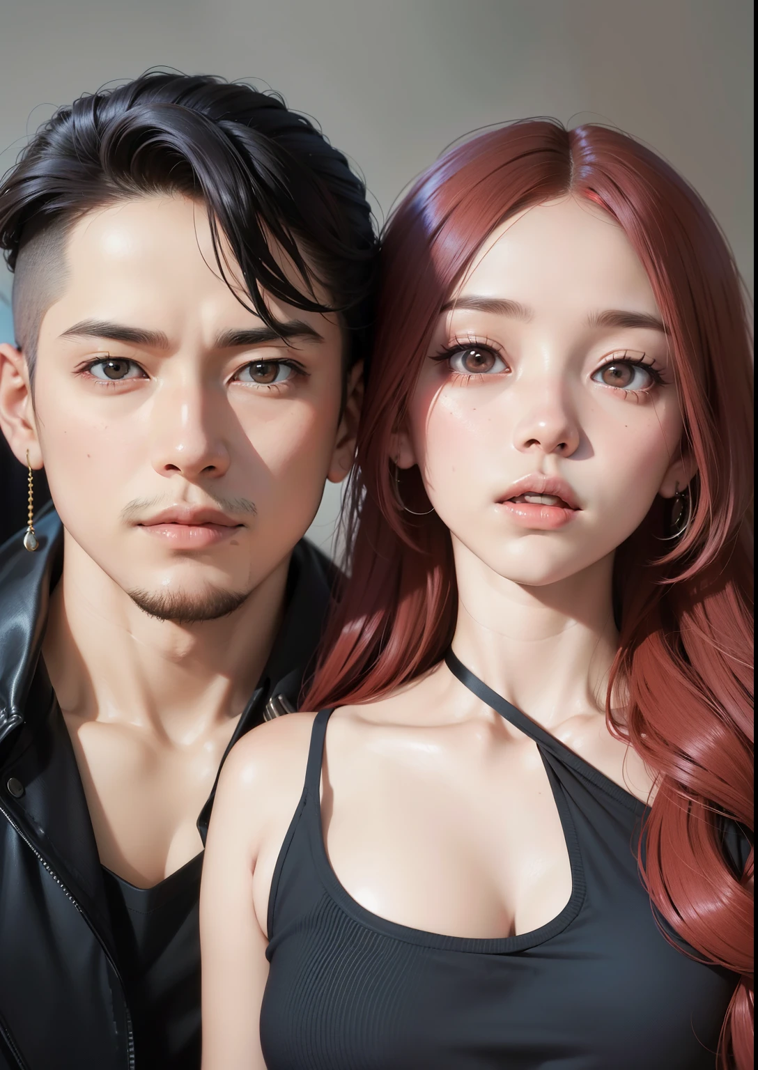 there are two people standing next to each other with surfboards, shirtless :: high detail, detailed and realistic faces, realism artstyle, detailed realistic faces, realistic artstyle, couple pose, realistic scene, second life avatar, realistic body features and face, charli bowater and artgeem, high detailed perfect faces, ultra high detail ultra realism, detailed and realistic face