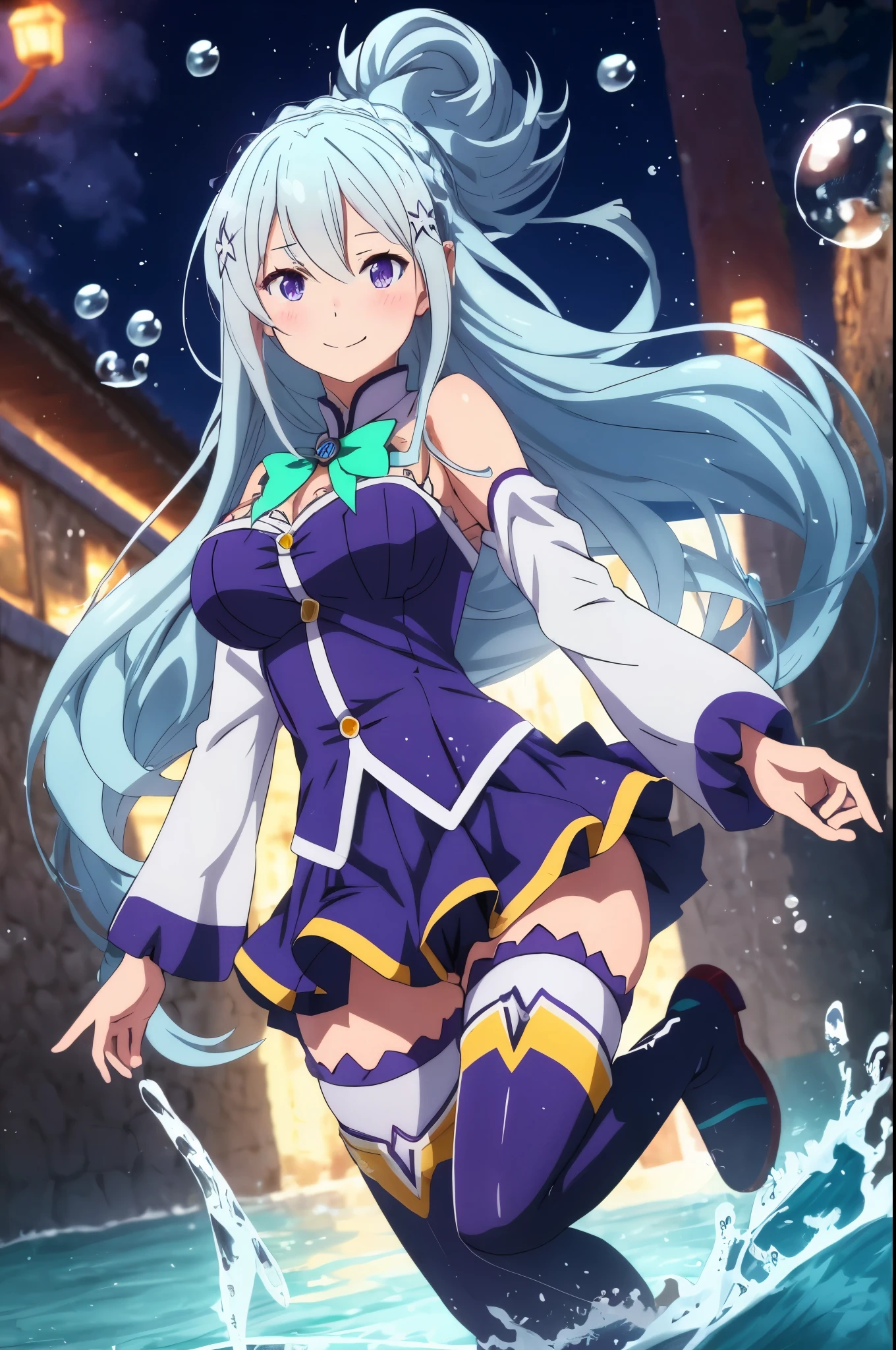 aqua \(konosuba\), mksks style, (very detailed background:1.0), (highly detailed background:1.0), {Masterpiece}, High Quality, 1girl, Emilia re:zero, purple eyes, Emilia, crown braid, x hair ornament, flower hair ornament, white hair, very long hair, medium breasts, blue footwear, blue thighhighs, blush, boots, breasts, bubble, detached sleeves, hair ornament, hair rings, leg up, long hair, looking at viewer, medium breasts, open hand, single hair ring, skirt, smile, solo, standing, standing on one leg, thigh boots, thighhighs, very long hair, water, white thighhighs, kono subarashii sekai ni shukufuku wo!,