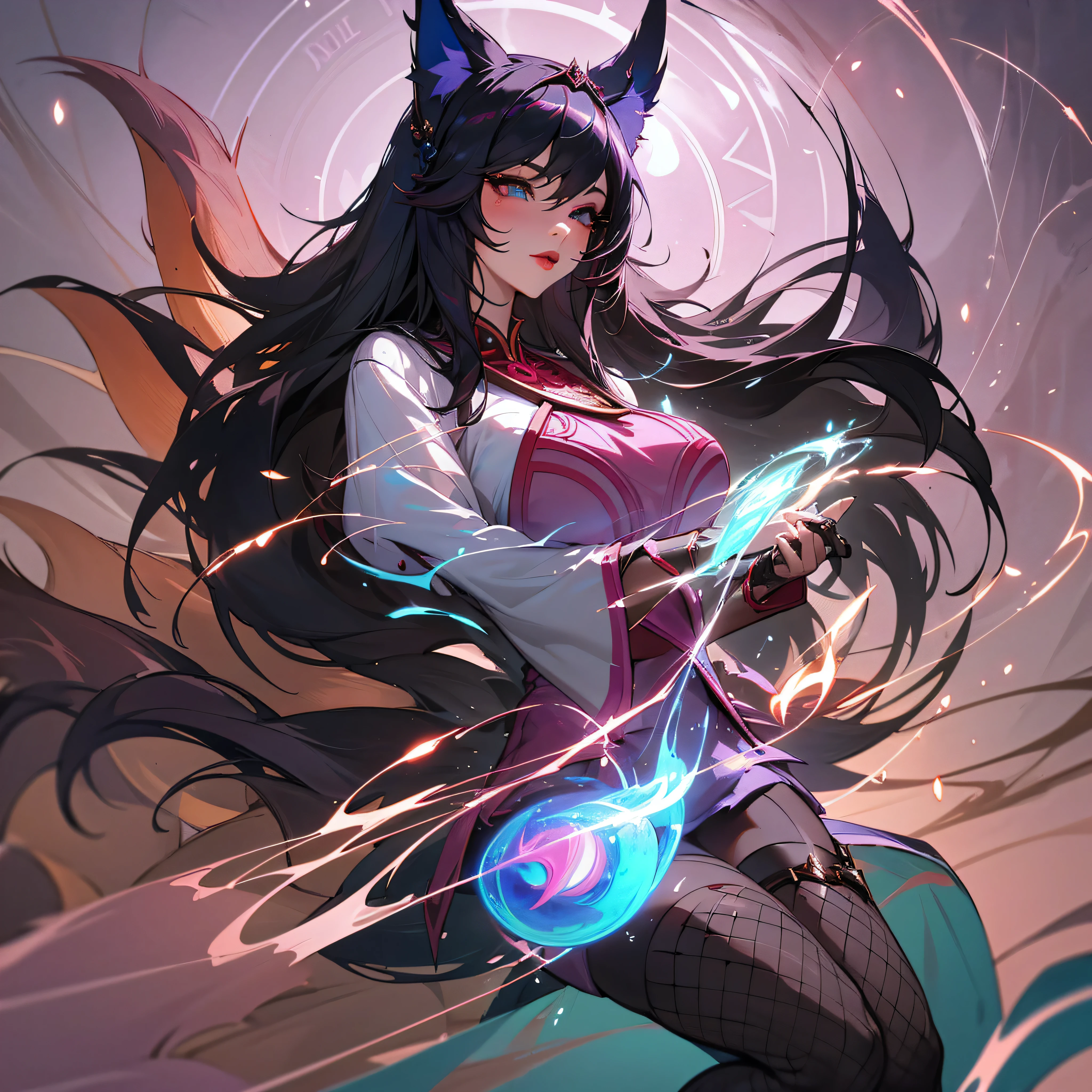 beautiful detailed eyes, highly detailed skin, extremely delicate, best quality, ultra-detailed, masterpiece, finely detail, 1 female, cosplay, League of Legends, (Ahri:1.2), playful, seductive, fox ears, long flowing tails, (nine tails:1.3), beautiful detailed eyes, light makeup, red lipstick, (beauty mark:0.8), black hair, (dyed tips:0.9), elaborate headpiece, revealing clothing, (thigh-high boots:1.1), (fishnet stockings:1.2), (garter belt:0.8), (tailored gloves:0.9), (ornate jewelry:0.7), confident expression, striking pose, (casting spell:1.3), detailed background, (Summoner's Rift:1.2), ambient light, (cinematic composition:1.3), special effects, (particle effects:1.1), (glowing energy:1.2), (floating orbs:0.9), (flying feathers:0.8), (magic circle:1.1), (floating petals:0.7), (dramatic wind:1.0).