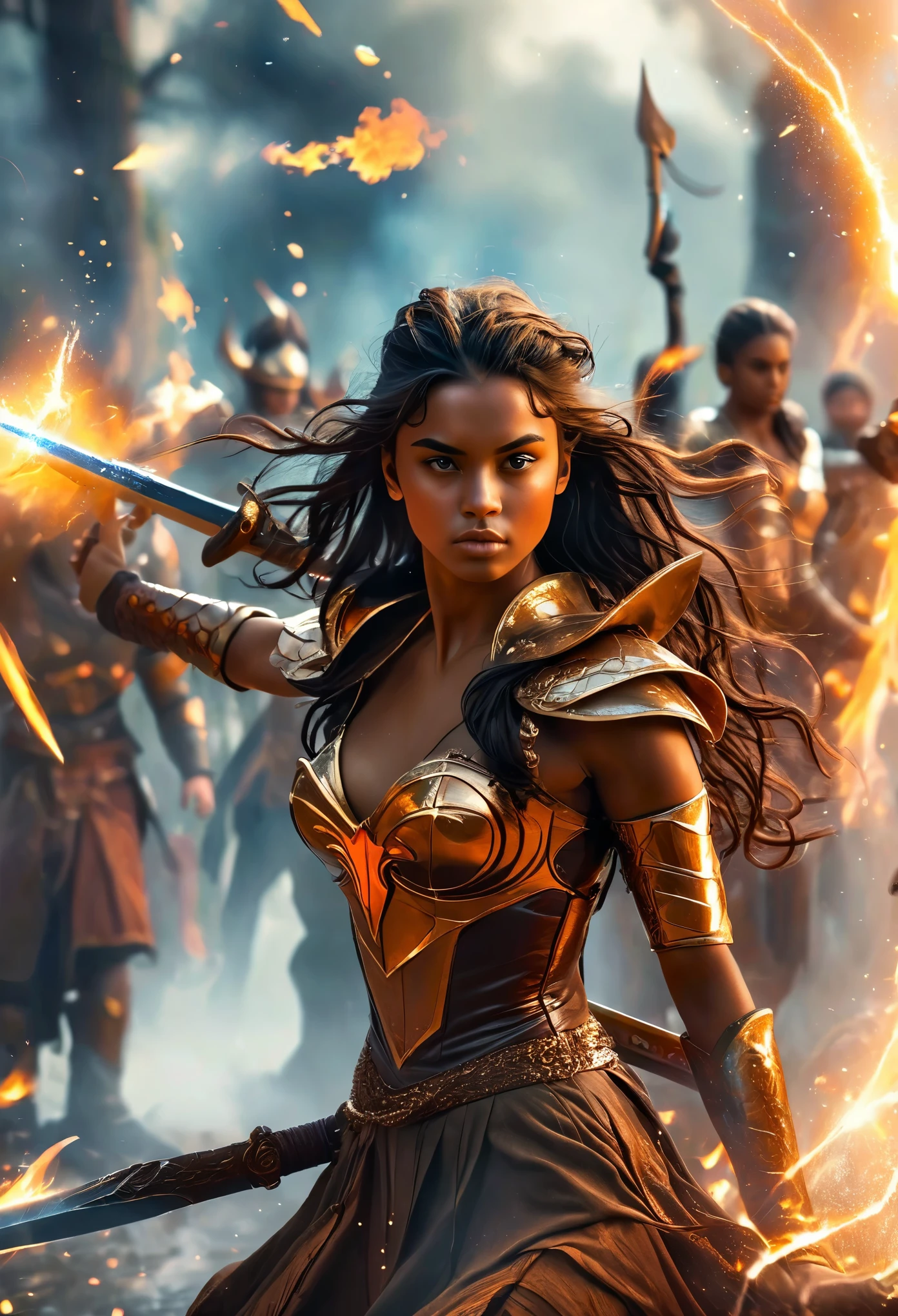 In a celestial landscape, people dressed luxuous, differents faces, they are all darkskin, (((young, in 20's))) (((brown skin men and brown skin women fighting))), (((young brown skin long dark hair duke:1.3 and prince:1.4))), (((brown skin dark hair women))) and (((one brown hair women1.3))), (they are différent and separate couples1.2). (couples of judge:1.2, princes:1.2, princesses:1.3, warriors:1.4). couples are a brown skin duke long dark curly hair with a dark long hair woman. couples are a brown skin duke curly dark hair with a short brown hair women, (((dark hair brown skin women and brownskin:1.5))) trying to kill him with gods swords and lances, dangerous scene, war, battle, chaostic, gods war, fire and fury, destruction, explosions, 8K, extremely detailed, high quality, (photorealistic:1.37), Full body, vibrant colors, perfect lighting, soulful expressions, celestial aura, majestic presence, dreamlike atmosphere, 8 k artistic photography, photorealistic concept art, soft natural volumetric cinematic perfect