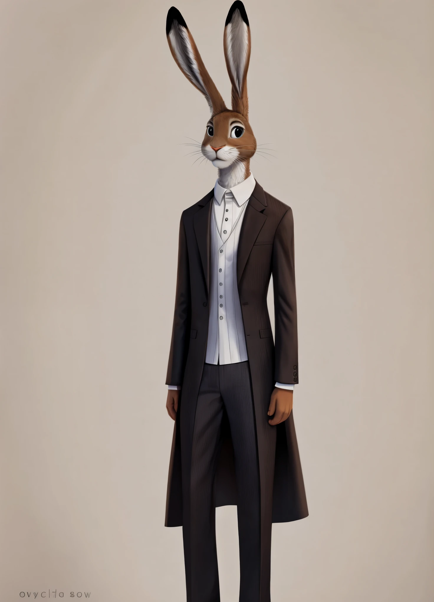 A tall male hare with clothes