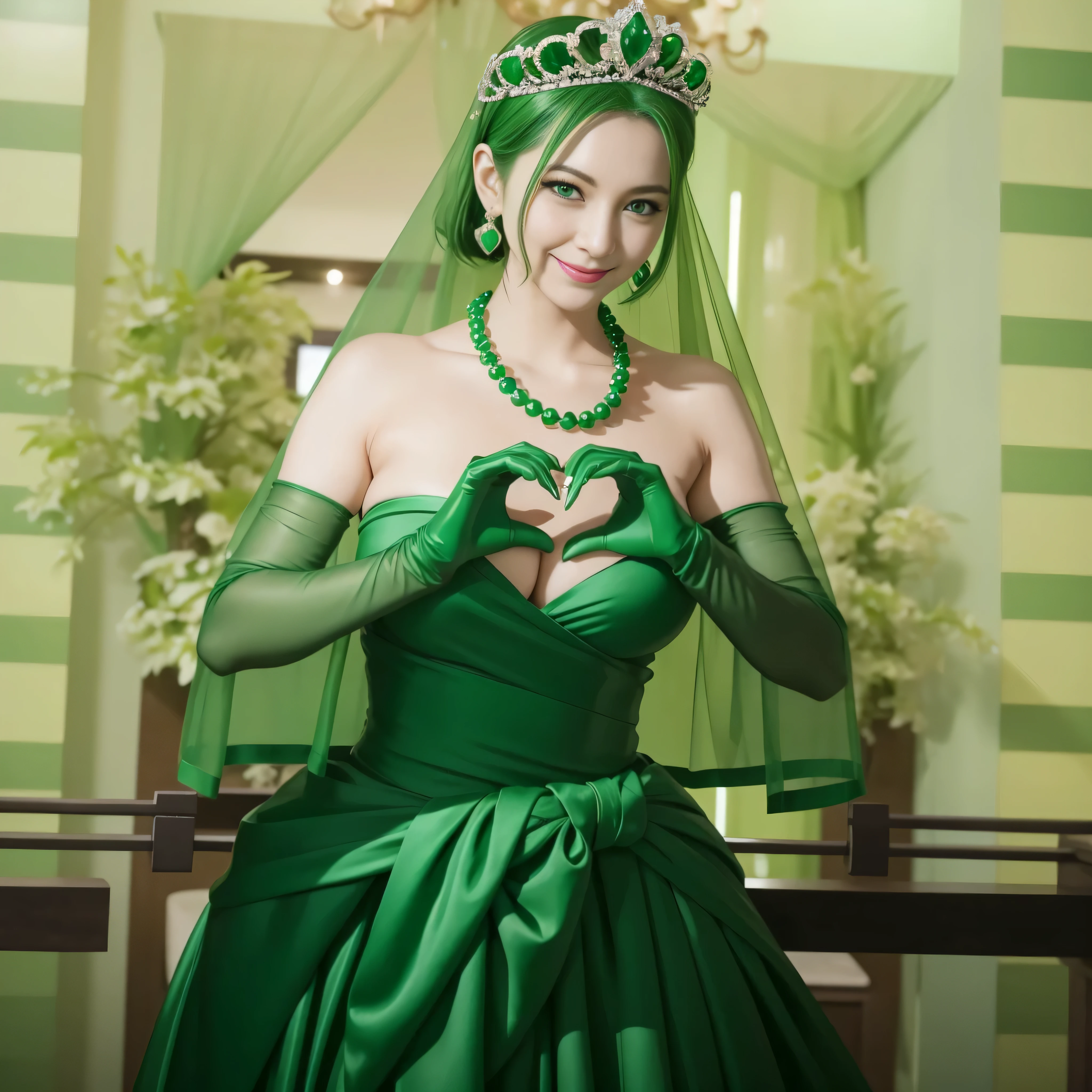 emerald tiara, green pearl necklace, ボーイッシュな非常に短いgreen hair, green lips, Woman in her 30s Japan smiling, very short hair,  Beautiful woman with big breasts, green eyes, green satin long gloves, green eyes, emerald earrings, green veil, Heart with both hands, green hair, beautiful japanese woman, heart shaped hands:1.3, green lip gloss