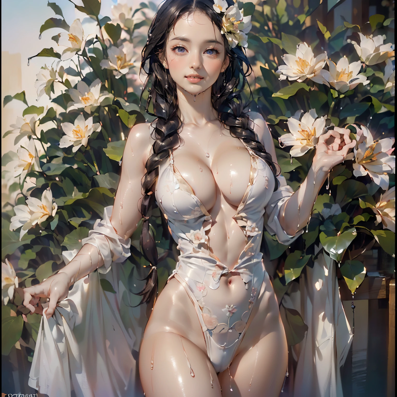 ((Create MaxZenArt!))_(((Small , , chibi), (full height, relaxed pose, standing)_(+ ye)_(((Very beautiful small peach breasts)), (( long double braids, tight braids, long braid, braided hair, long hime haircut, dark hair, black hair, colored inner part of hair)))_(((purple_eyes:1.3)), ((intricate eyes, beautiful detailed eyes, symmetrical eyes)), ((big eyes:1.5)),((scarlet lips)), ((smile)))_(((Shiny skin:1.5, white skin, light skin: 1.5, white skin, shiny skin, very shiny skin, shiny body, reflective skin)))_(((Detailed face)), ((beautiful detailed lips)), ((sexy), (erotic), (cute, kawaii), (NSFW)))_(((Eye shadow, makeup, eyelid makeup)), ((side breasts)), ((revealing clothes, showing skin)), ((bare shoulders, black lace dress)), ((black chiffon dress, very short )), (((tight-fitting, (black), sheer lace dress)), ((standing almost completely naked, with little clothing on)), ((tiny thong)), ((1.1, black outfit, wet clothes, intricate negligee outfit)))_ (((Shy pose: 1.3)), ((looks seductively at the viewer, embarrassed smile, shy, sexy, erotic)), ((center, scale to size)))_((( Rule of thirds, outdoors, overgrown)), ((dark background, realistic painting, digital painting, high quality)), ((dark background 0.5, decorative background, ornament flowers, skulls)), ((decorative dark background)), ((stunning white lilies, extremely unusual)), ((water,moss in the background, skulls)), ((white lilies - large stems)), ((water lilies on the water)), ((sunset, golden hour) ), ((golden ornaments ornaments)), ((Baudelaire),(symbolism),(allegory)))_(((Top quality,8K,32K, masterpiece), (high resolution),(Photorealism:1.4)), ((ray tracing, sun flares, depth of field, backlight effect, adding depth to your screen)))_(((Bright colors, cool soft shadows), (warm contrasting light, vibrant theme)), ((complex, detailed )), ((high contrast, photorealistic graphics:1.37)),((digital painting, oil painting, wide wet brushstroke, painting-professional execution)))