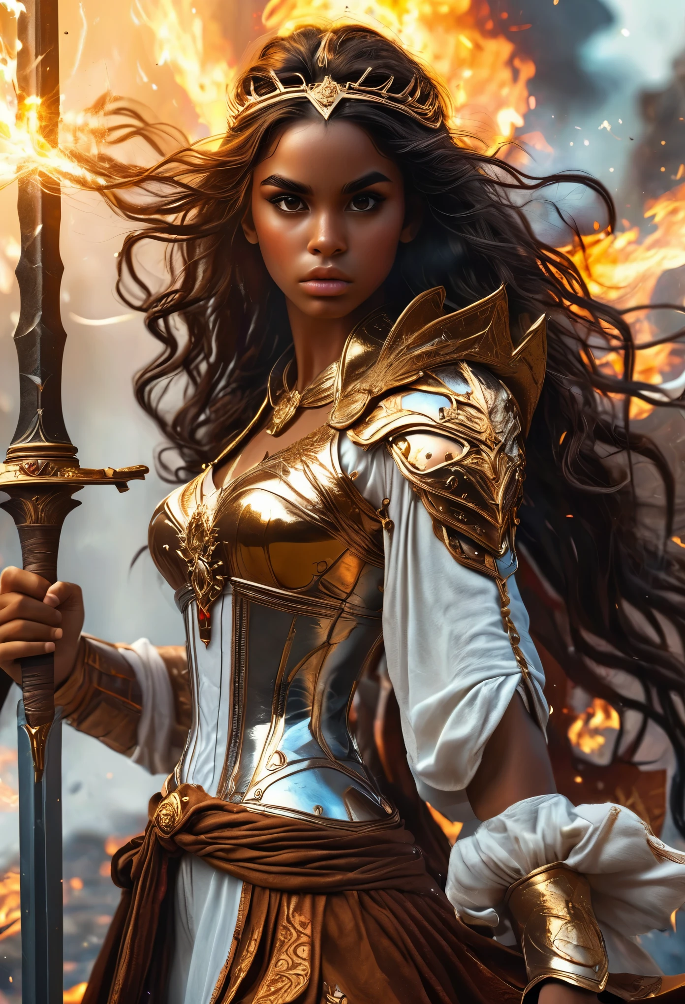 In a celestial landscape, people dressed luxuous, differents faces, they are all darkskin, (((young, in 20's))) (((brown skin men and brown skin women fighting))), (((young brown skin long dark hair duke:1.3 and prince:1.4))), (((brown skin dark hair women))) and (((one brown hair women1.3))), (they are différent and separate couples1.2). (couples of judge:1.2, princes:1.2, princesses:1.3, warriors:1.4). couples are a brown skin duke long dark curly hair with a dark long hair woman. couples are a brown skin duke curly dark hair with a short brown hair women, (((dark hair brown skin women and brownskin:1.5))) trying to kill him with gods swords and lances, dangerous scene, war, battle, chaostic, gods war, fire and fury, destruction, explosions, 8K, extremely detailed, high quality, (photorealistic:1.37), Full body, vibrant colors, perfect lighting, soulful expressions, celestial aura, majestic presence, dreamlike atmosphere, 8 k artistic photography, photorealistic concept art, soft natural volumetric cinematic perfect