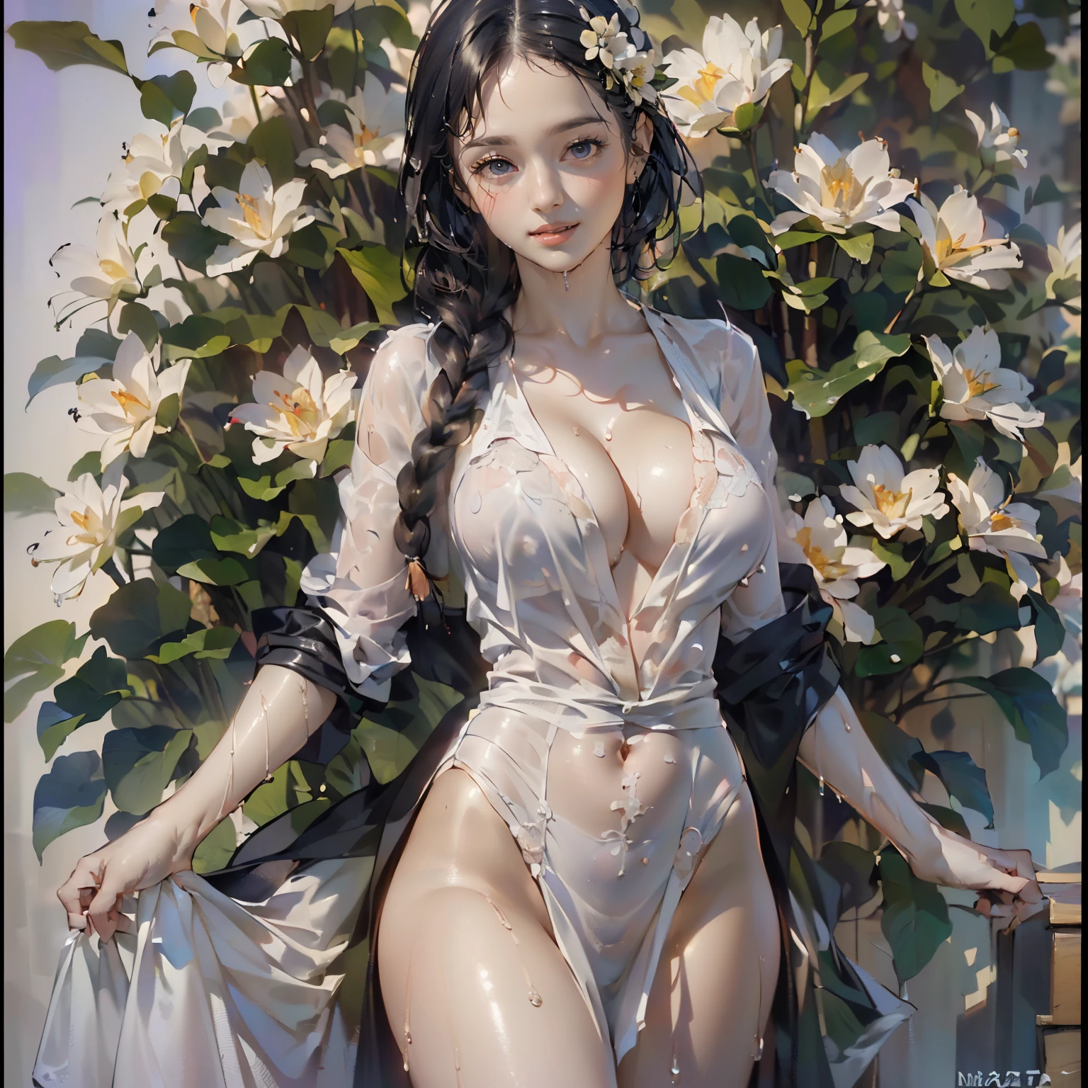 ((Create MaxZenArt!))_(((Small , , chibi), (full height, relaxed pose, standing)_(16+ years)))_(((Very beautiful small peach breasts)), (( long double braids, tight braids, long braid, braided hair, long hime haircut, dark hair, black hair, colored inner part of hair)))_(((purple_eyes:1.3)), ((intricate eyes, beautiful detailed eyes, symmetrical eyes)), ((big eyes:1.5)),((scarlet lips)), ((smile)))_(((Shiny skin:1.5, white skin, light skin: 1.5, white skin, shiny skin, very shiny skin, shiny body, reflective skin)))_(((Detailed face)), ((beautiful detailed lips)), ((sexy), (erotic), (cute, kawaii), (NSFW)))_(((Eye shadow, makeup, eyelid makeup)), ((side breasts)), ((revealing clothes, showing skin)), ((bare shoulders, black lace dress)), ((black chiffon dress, very short )), (((tight-fitting, (black), sheer lace dress)), ((standing almost completely naked, with little clothing on)), ((tiny thong)), ((1.1, black outfit, wet clothes, intricate negligee outfit)))_ (((Shy pose: 1.3)), ((looks seductively at the viewer, embarrassed smile, shy, sexy, erotic)), ((center, scale to size)))_((( Rule of thirds, outdoors, overgrown)), ((dark background, realistic painting, digital painting, high quality)), ((dark background 0.5, decorative background, ornament flowers, skulls)), ((decorative dark background)), ((stunning white lilies, extremely unusual)), ((water,moss in the background, skulls)), ((white lilies - large stems)), ((water lilies on the water)), ((sunset, golden hour) ), ((golden ornaments ornaments)), ((Baudelaire),(symbolism),(allegory)))_(((Top quality,8K,32K, masterpiece), (high resolution),(Photorealism:1.4)), ((ray tracing, sun flares, depth of field, backlight effect, adding depth to your screen)))_(((Bright colors, cool soft shadows), (warm contrasting light, vibrant theme)), ((complex, detailed )), ((high contrast, photorealistic graphics:1.37)),((digital painting, oil painting, wide wet brushstroke, painting-professional execution)))
