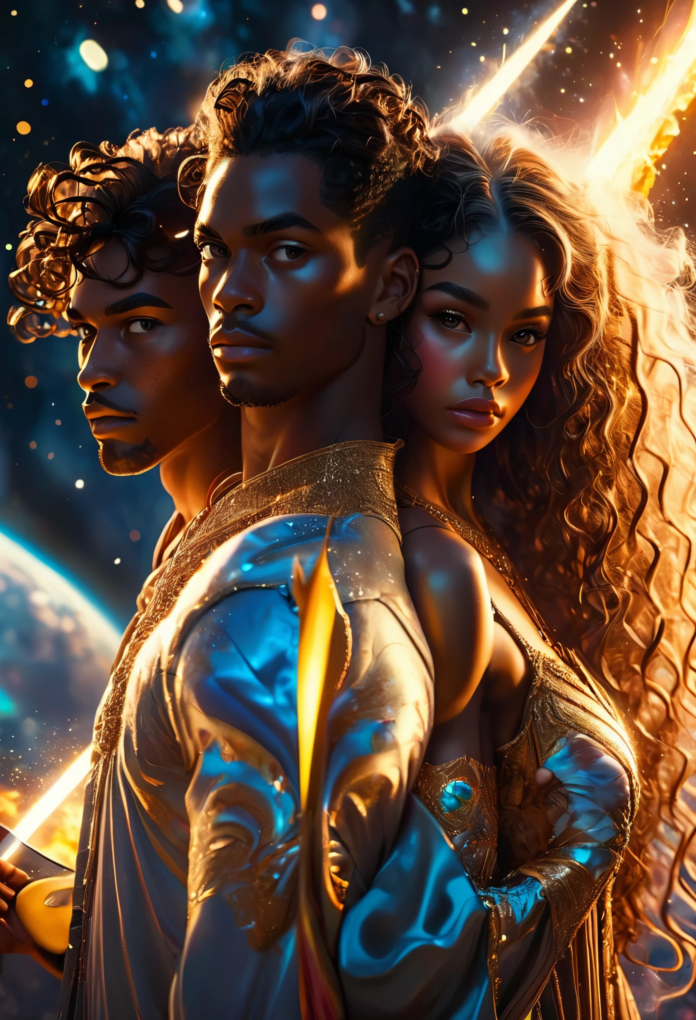 In a celestial landscape, four people dressed luxuous, differents faces, they are all darkskin african, (((young, in 20's))) (((two brown skin men and two brown skin woman))), (((two young brown skin long dark hair duke:1.3))), (((one brown skin dark hair woman))) and (((one brown hair woman1.3))), (they are two différent and separate couple1.2). (Two couple of four people:1.2). The first couple is a brown skin duke long dark curly hair with a blonde long hair woman. The second couple is a brown skin duke curly dark hair with a short brown hair woman, (((blonde hair brown skin woman and brownskin:1.5))) trying to kill him with a knife, dangerous scene, war, battle, 8K, extremely detailed, high quality, (photorealistic:1.37), Full body, vibrant colors, perfect lighting, soulful expressions, celestial aura, majestic presence, dreamlike atmosphere, 8 k artistic photography, photorealistic concept art, soft natural volumetric cinematic perfect 
