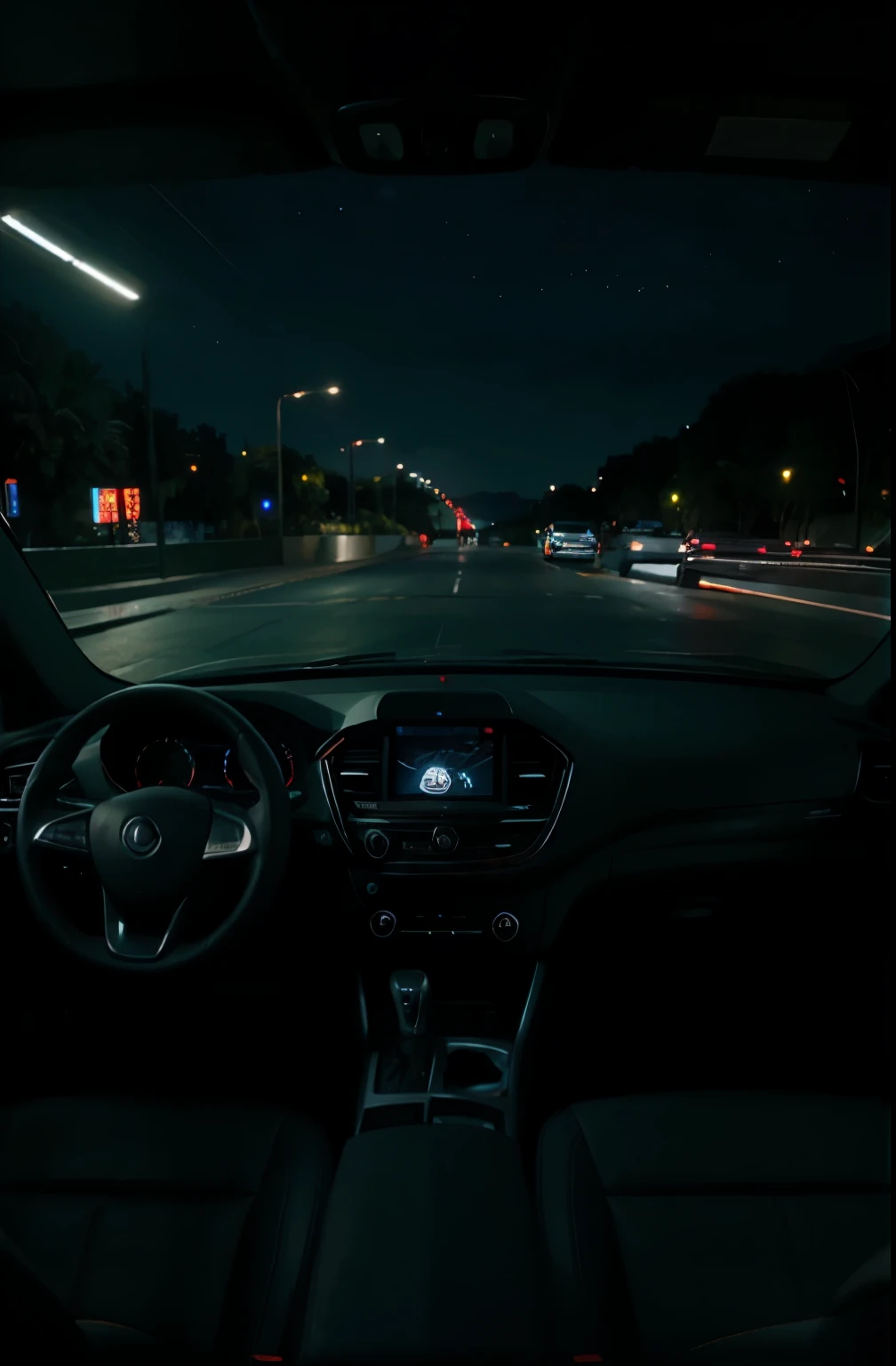 Ultra realistic, cinematic, car dashboard, night, looking outside, front, highway 