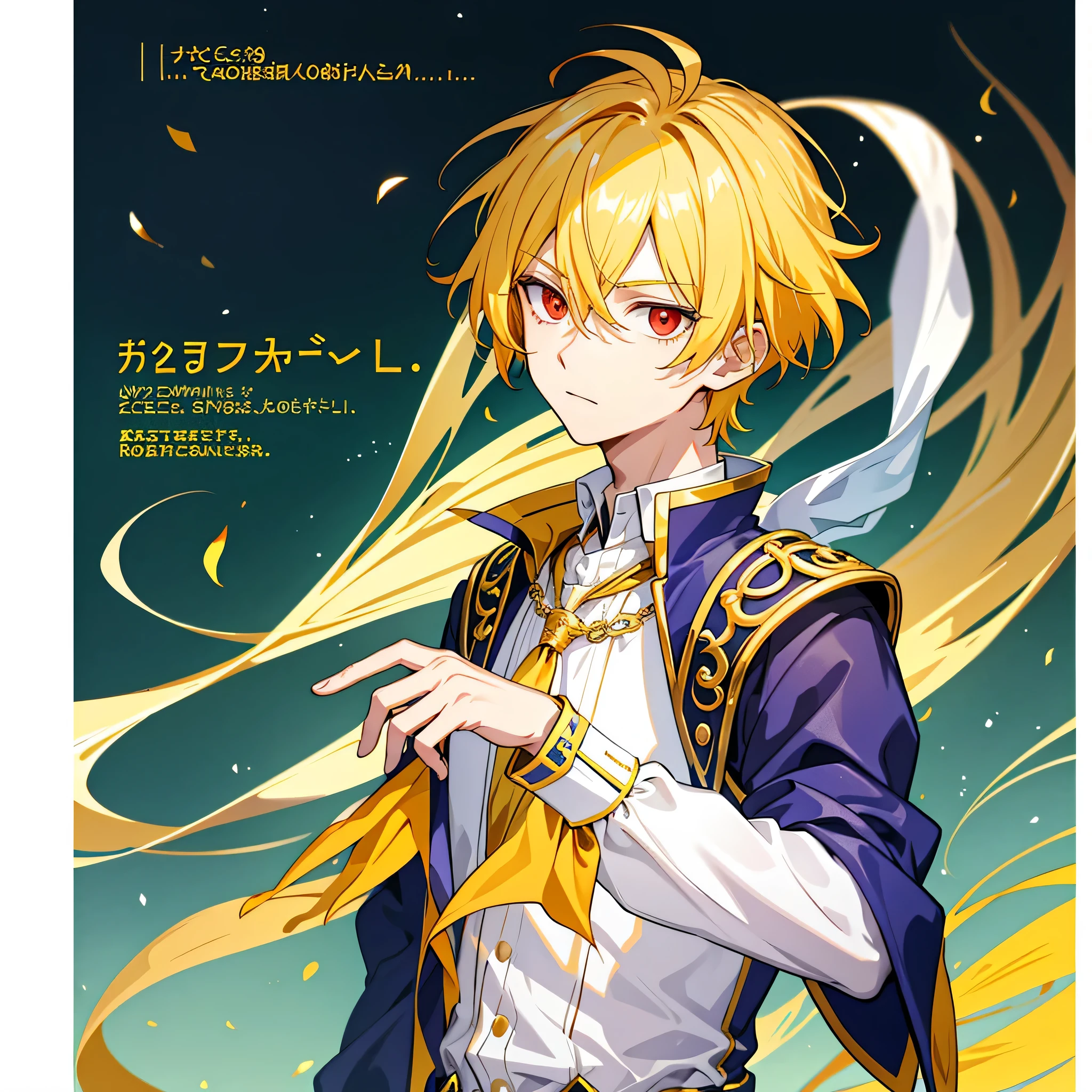 1 boy,cool guy,Yellow-haired,comma hair,Forehead comma hair,fantasy clothes style,Shiny,red eyes,looking at viewert,The upper part of the body,MagazineCover,upper body,dinamic angle,