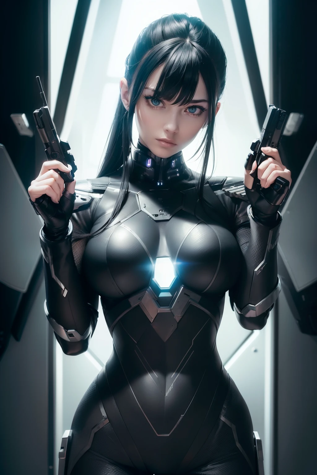 masterpiece, Best quality, (1 girl), (solo) (front facing), (upper body), (smile),(from front), (portrait), (night), (pose for picture), (dystopian city street), (large breast), (cleavage), (long hair),, black costume, black, gloves, dress boots, black gloves, puffy sleeves, black dress) (blak hairband),(cyberpunk costume), (green hair), (blue eyes), feather-trimmed sleeves anime, realistic, masterpiece, (bobcut, bangs), (A2 costume) (cyber_mark), ( facial mark), (cyberpunk suit), (j4nu4ryj0n3s cleavage), (demure), (dark room), (neon lights), (cyberpunk room), (focus on body), (look at front), (look at viewer), (midriff)