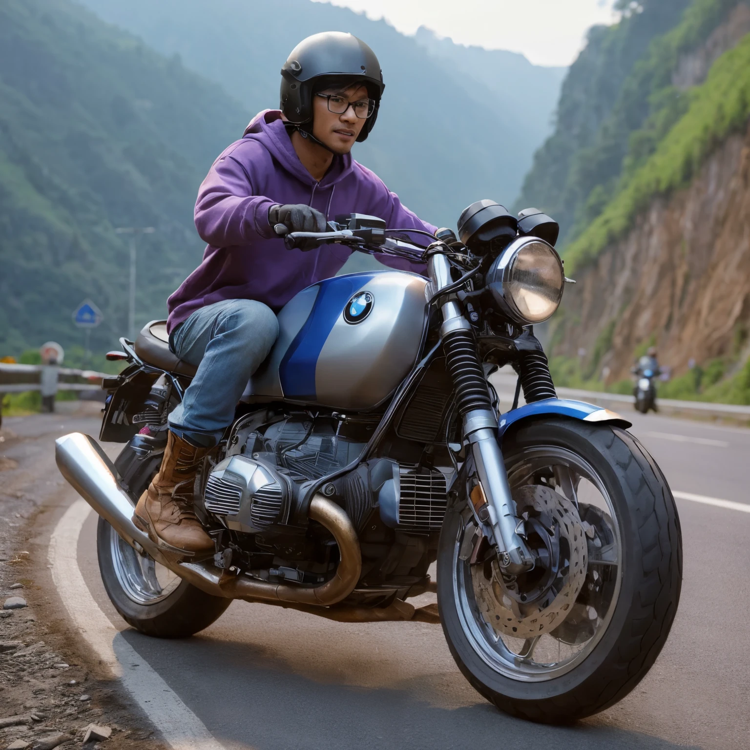 make a realistic photo, an Indonesian man (wearing glasses), riding a big automatic BMW motorbike, wearing a helmet, purple hoodie, wearing boots, on a mountain road, hyperdetail, (extreme detail on face), UHD.