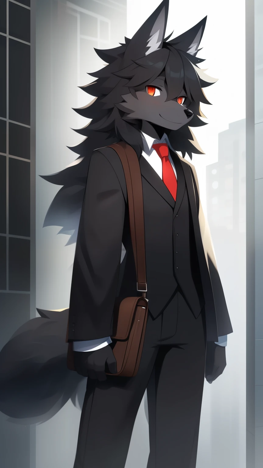 Best quality, Super detailed illustration, (fluffy wolf boy:1.4), (matte black fur color:1.4), disheveled thick hair, dressed in a black coat, tie, black pants , shy smile, small hips, Slim, Perfect body, long demon tail, satchel