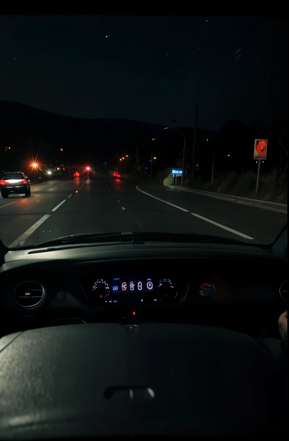 Ultra realistic, cinematic, car dashboard, night, looking outside, front, highway 