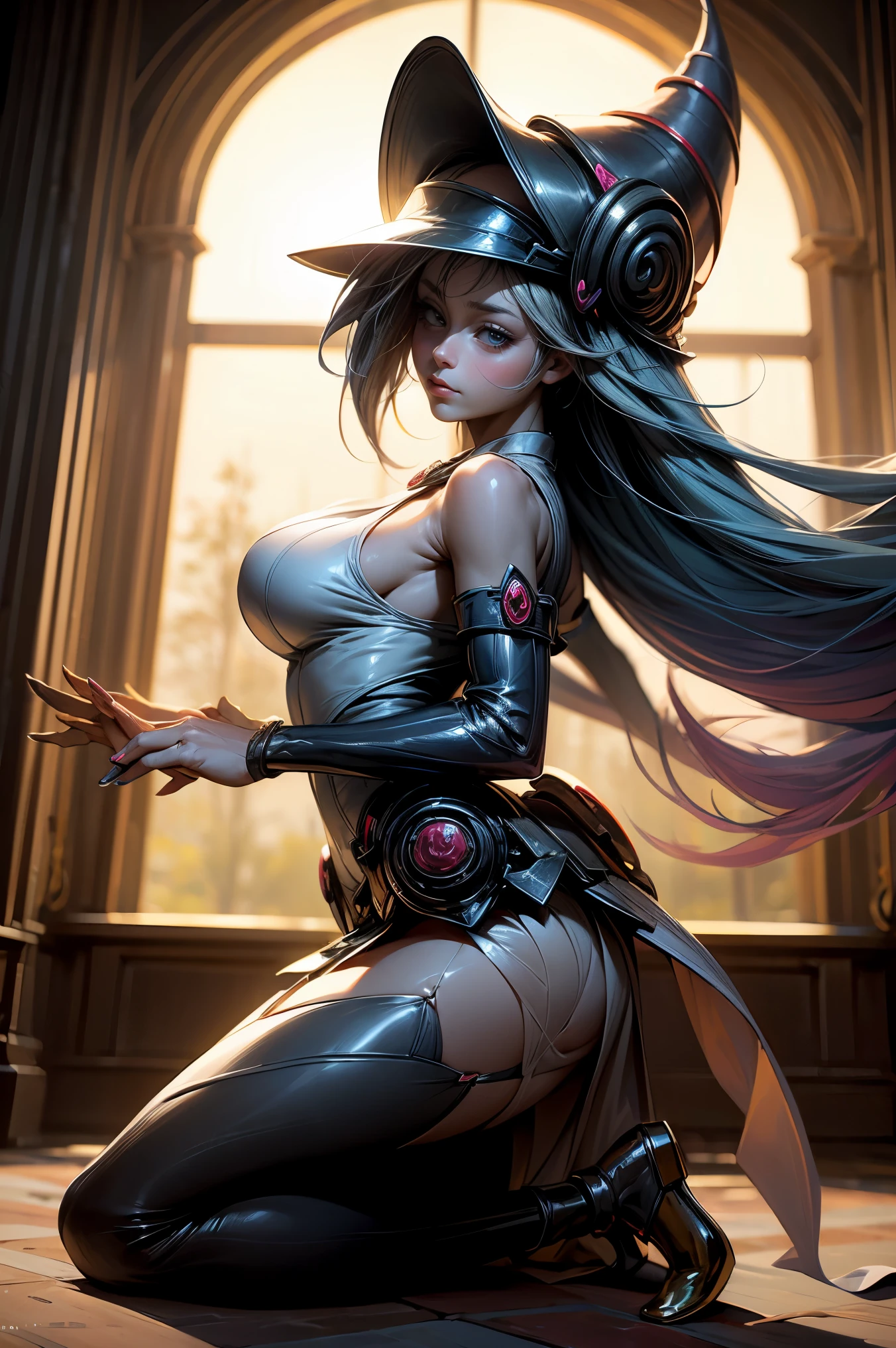 (obra maestra:1.2), (La mejor calidad:1.2), perfect lighting, Chica Maga Oscura lanzando un hechizo, en batalla. flotando en el aire, tetas medianas visibles, escote transparente, bata azul, sombrero grande, desde arriba, Destellos, Yugioh juego, The magic of the heart. LIGHTS OF THE HEART, Romantic heart. Ella usa tacones dorados. En tacones. Tacones