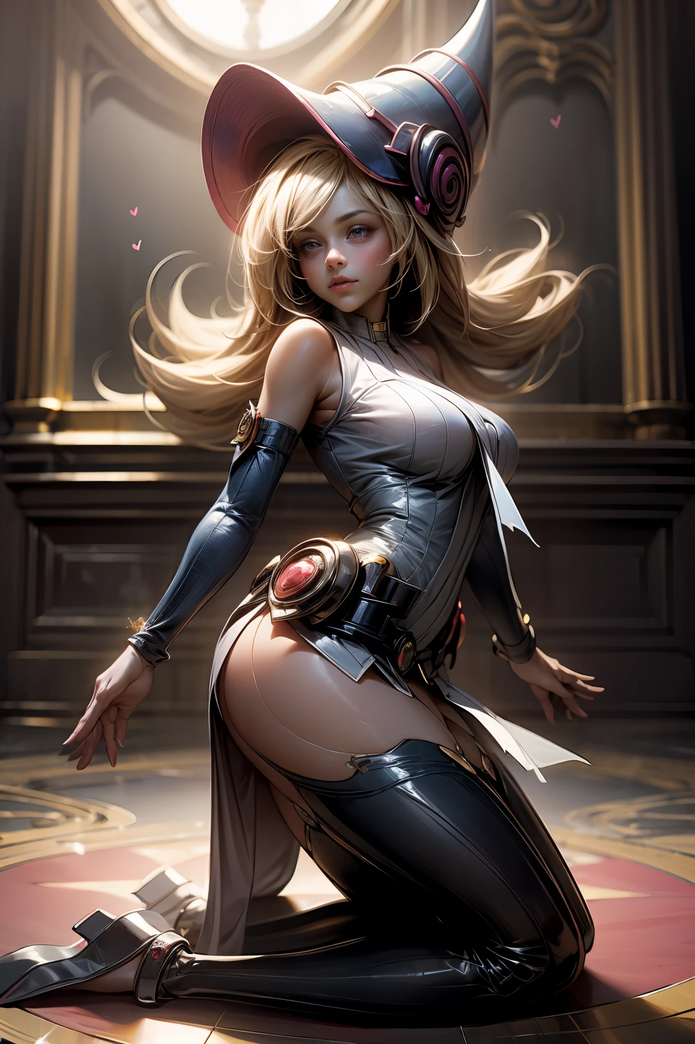 (obra maestra:1.2), (La mejor calidad:1.2), perfect lighting, Chica Maga Oscura lanzando un hechizo, en batalla. flotando en el aire, tetas medianas visibles, escote transparente, bata azul, sombrero grande, desde arriba, Destellos, Yugioh juego, The magic of the heart. LIGHTS OF THE HEART, Romantic heart. Ella usa tacones dorados. En tacones. Tacones