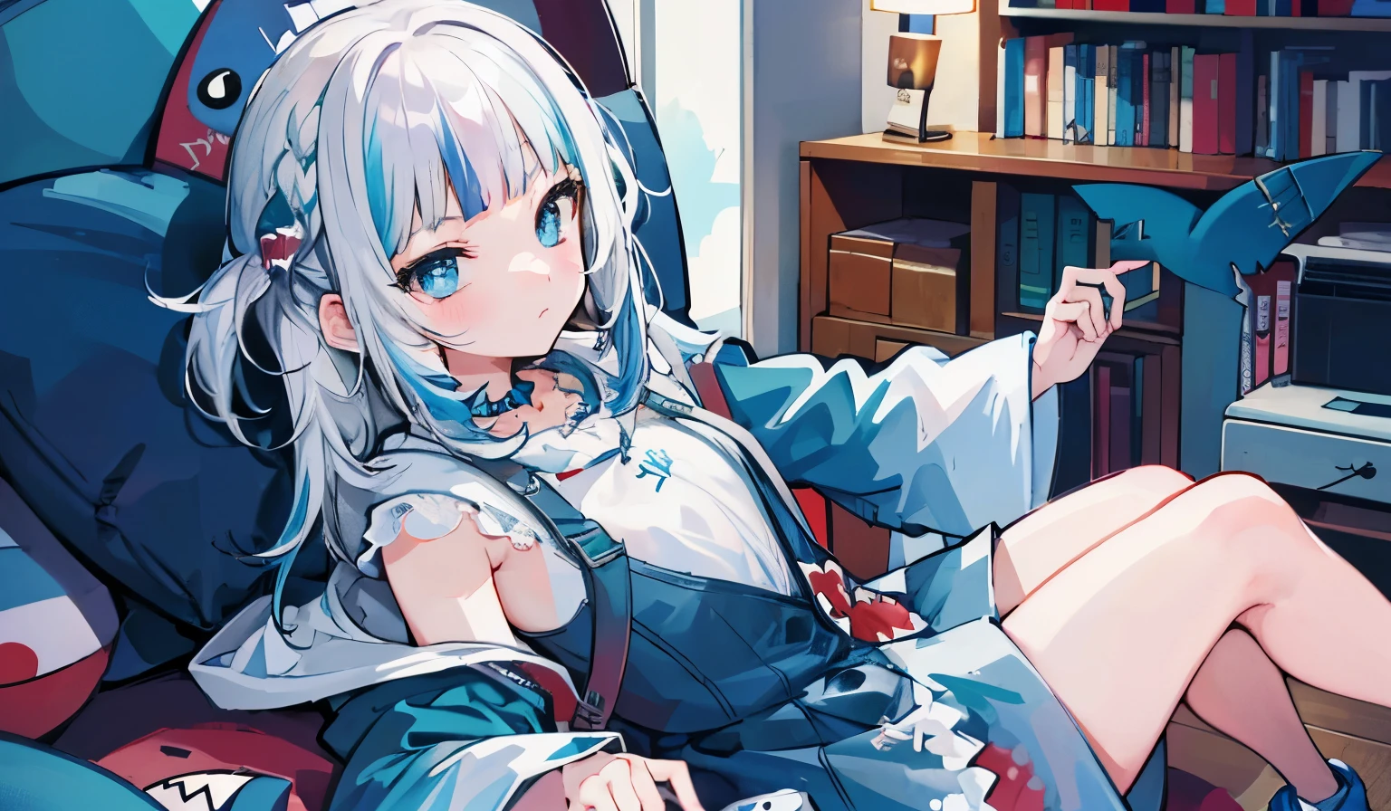 high resolution、high quality、ultra-detailed、8k wallpaper、1 girl in、kawaii、Wearing a shark costume、Kamimei、Melancholy is in the air、lovers、5 fingers, 1girl, Shark costume, girl's room, video game, shark cap, white hair, 