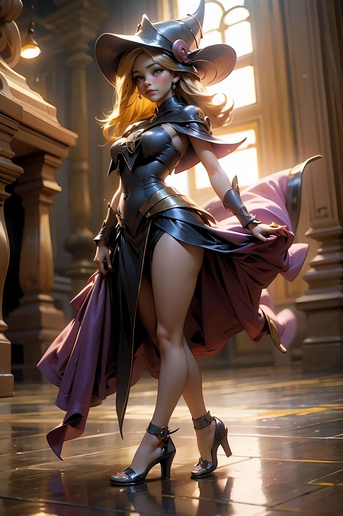 (obra maestra:1.2), (La mejor calidad:1.2), perfect lighting, Chica Maga Oscura lanzando un hechizo, en batalla. flotando en el aire, tetas medianas visibles, escote transparente, bata azul, sombrero grande, desde arriba, Destellos, Yugioh juego, The magic of the heart. LIGHTS OF THE HEART, Romantic heart. Ella usa tacones dorados. En tacones. Tacones 
