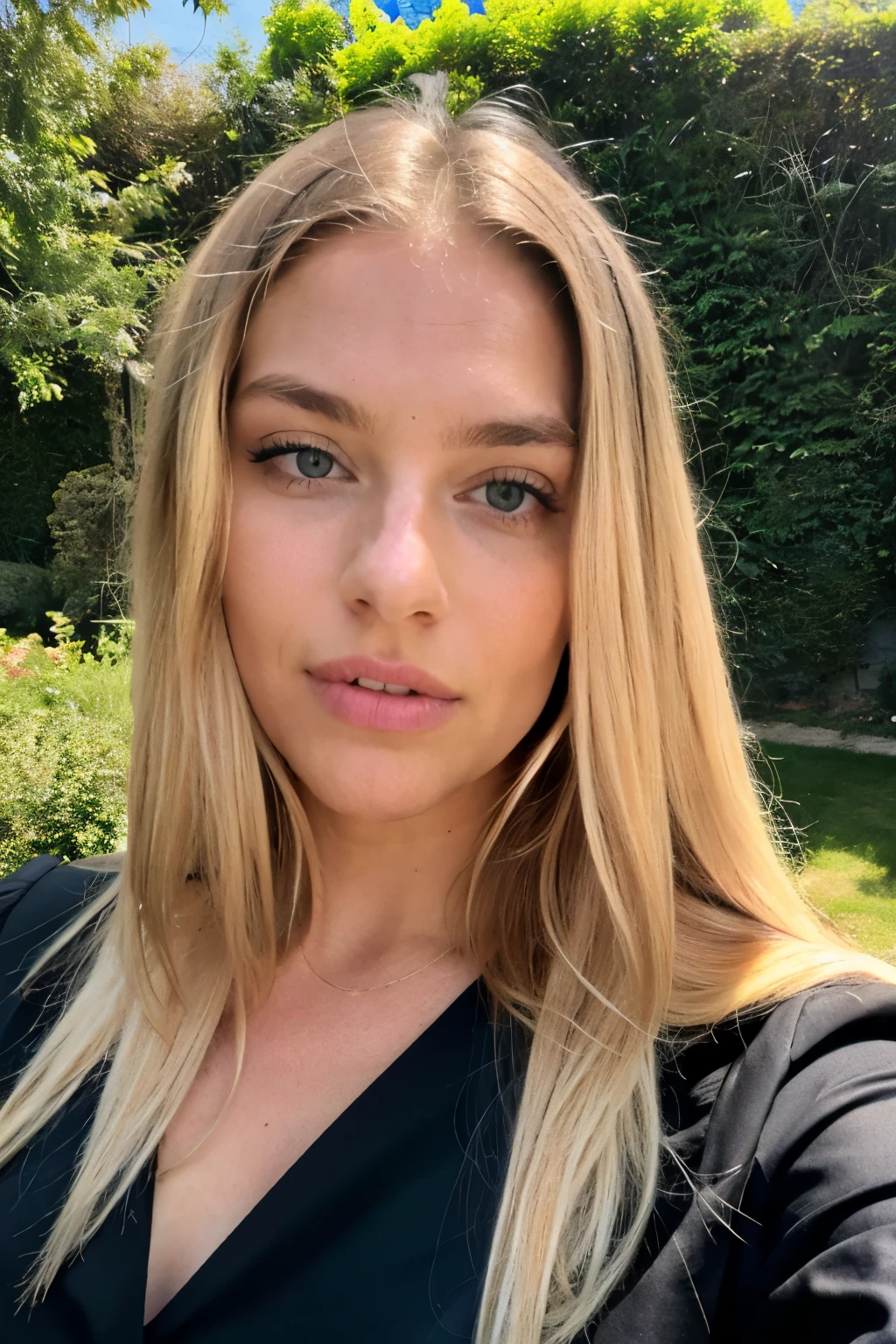 Une photographie Une femme blonde de 23 ans, ((gros seins)), ((hyperréalisme)) ,. cheveux blonde avec des racines blond clair. cheveux blond, Cheveux aux racines blond , very long hair, very long hair, very long hair, beau, vue de face,, elegant black shirt with, Coupe-bas, in the garden, high quality, Selfie iPhone, clivage