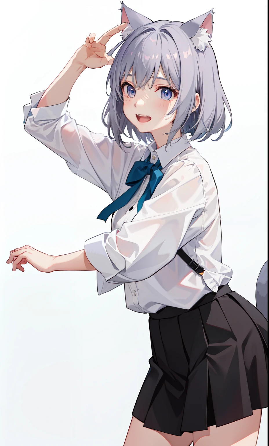 1girl in、A smile、The shirt、Blouse、skirt by the、(small tits)Chilarism、movement、white hair、cat ear、