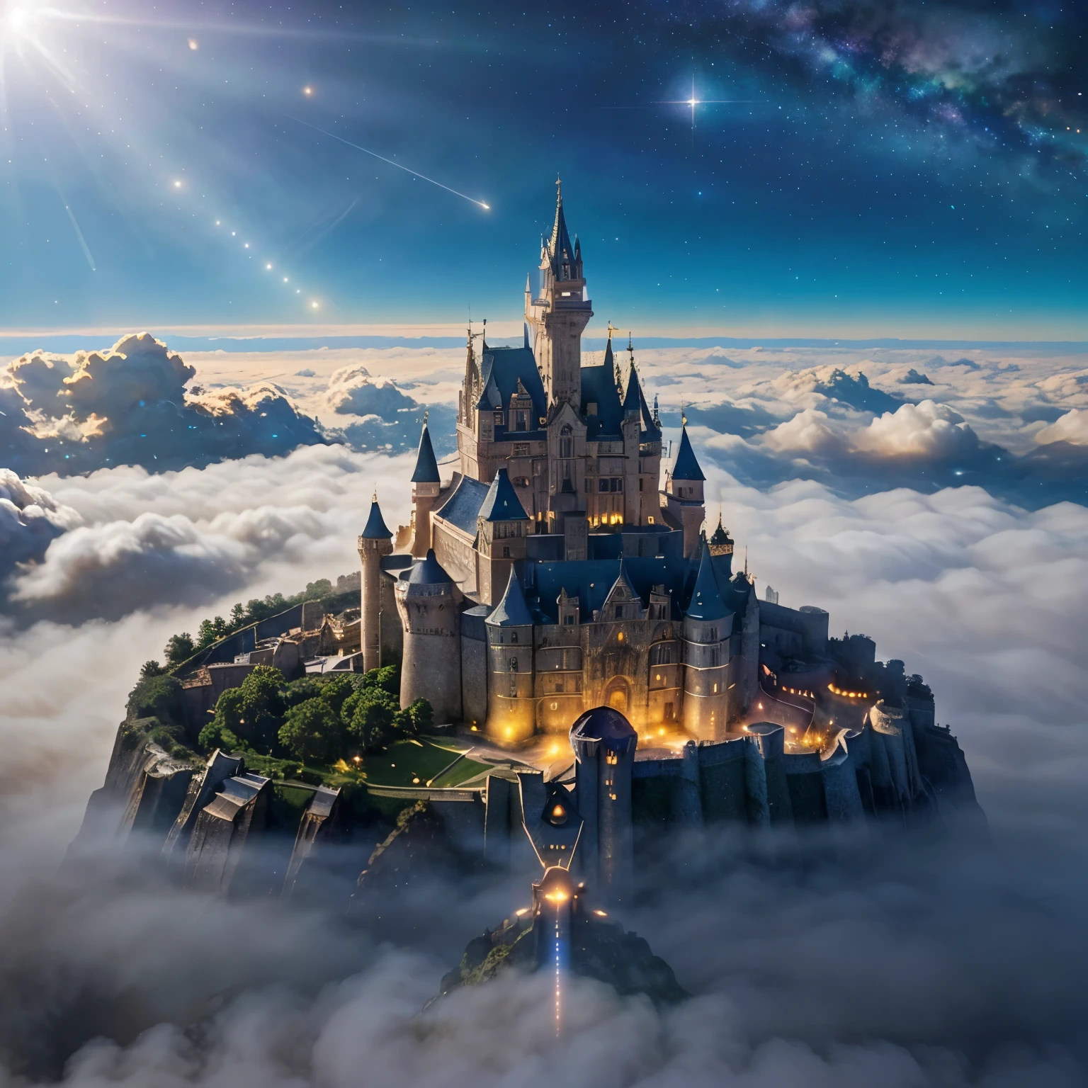 In the cloud is a visible city with many castle floating in the skies, covered in diamonds, the cities spread across the skies, comets, stars, we can see part of the galaxy, shimmering, glitters, glow. Bright Heavy warm backlight. Bright light streaks shines from above the castle