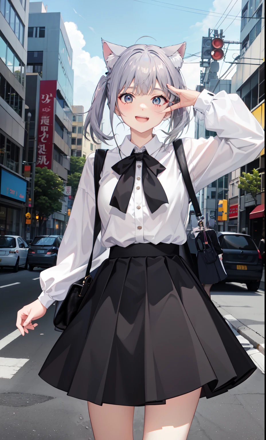 1 girl、laughter、shirt、blouse、skirt、（）I play、movement、（gray hair）、Cat ear、