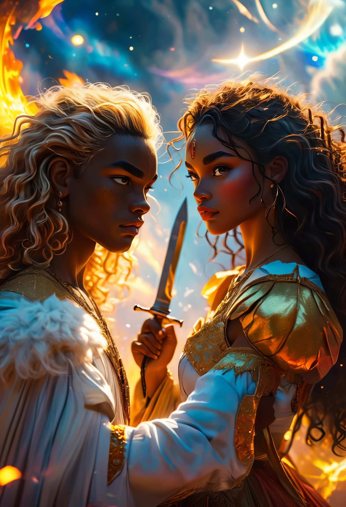 In a celestial landscape, two woman for one man, people dressed luxuous, differents faces, they are all darkskin:1.5, (((young, in 20's))) a brown skin duke long dark curly hair with a ginger long hair pregnant woman. Another woman trying to kill the pregnant woman. She is trying to kill him with a knife, dangerous scene, war, battle