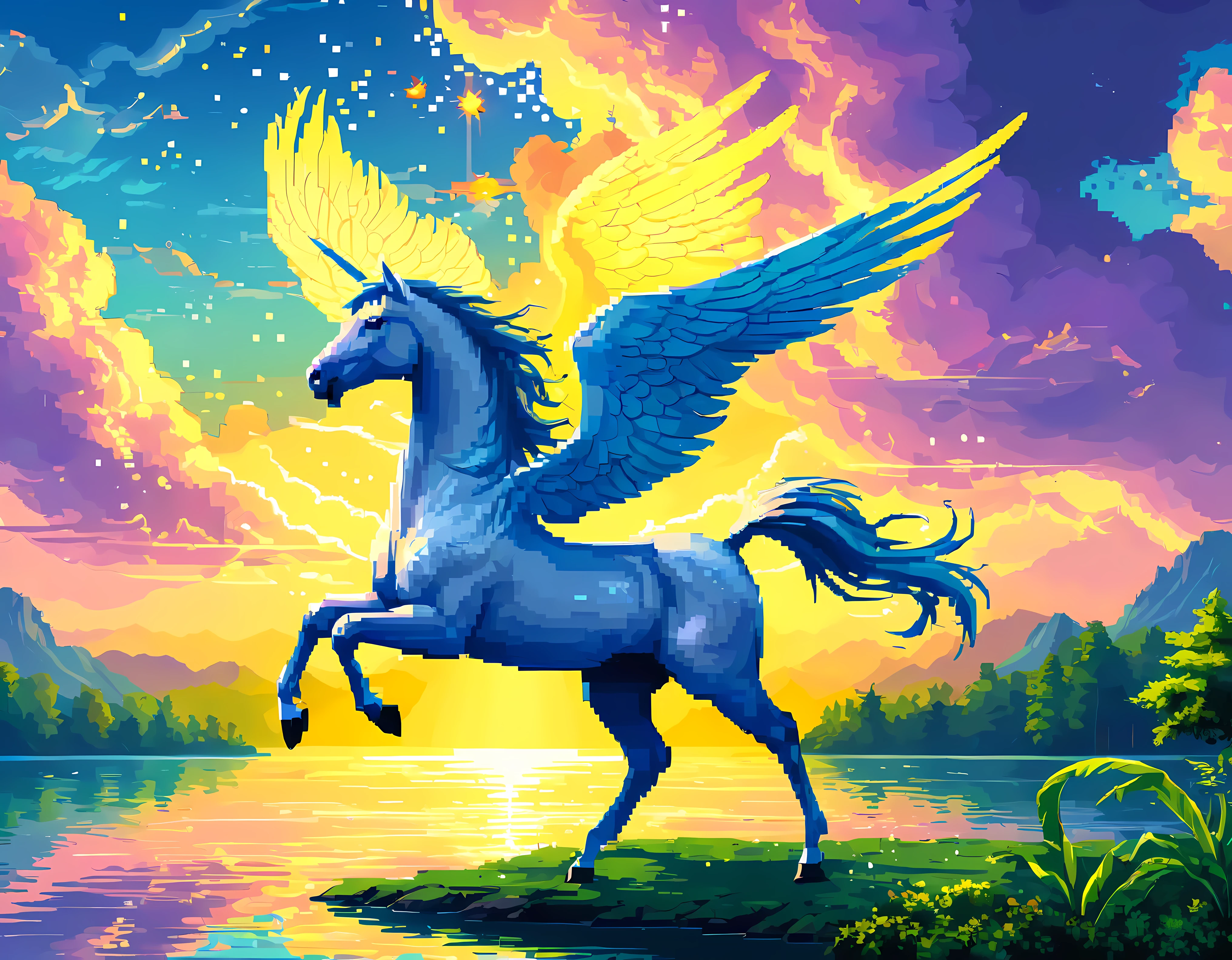 (best quality,4k,8k,highres,masterpiece:1.2),ultra-detailed,(realistic,photorealistic,photo-realistic:1.37),((pixel art):1.5), majestic pegasus, flying, above lake, beautiful landscape, magical atmosphere, vibrant colors, sparkling water, lush green trees, dreamlike clouds, serene reflection, graceful movement, sunlight peeking through the clouds, ethereal glow, detailed feathers, detailed wings, elegant creature, tranquility