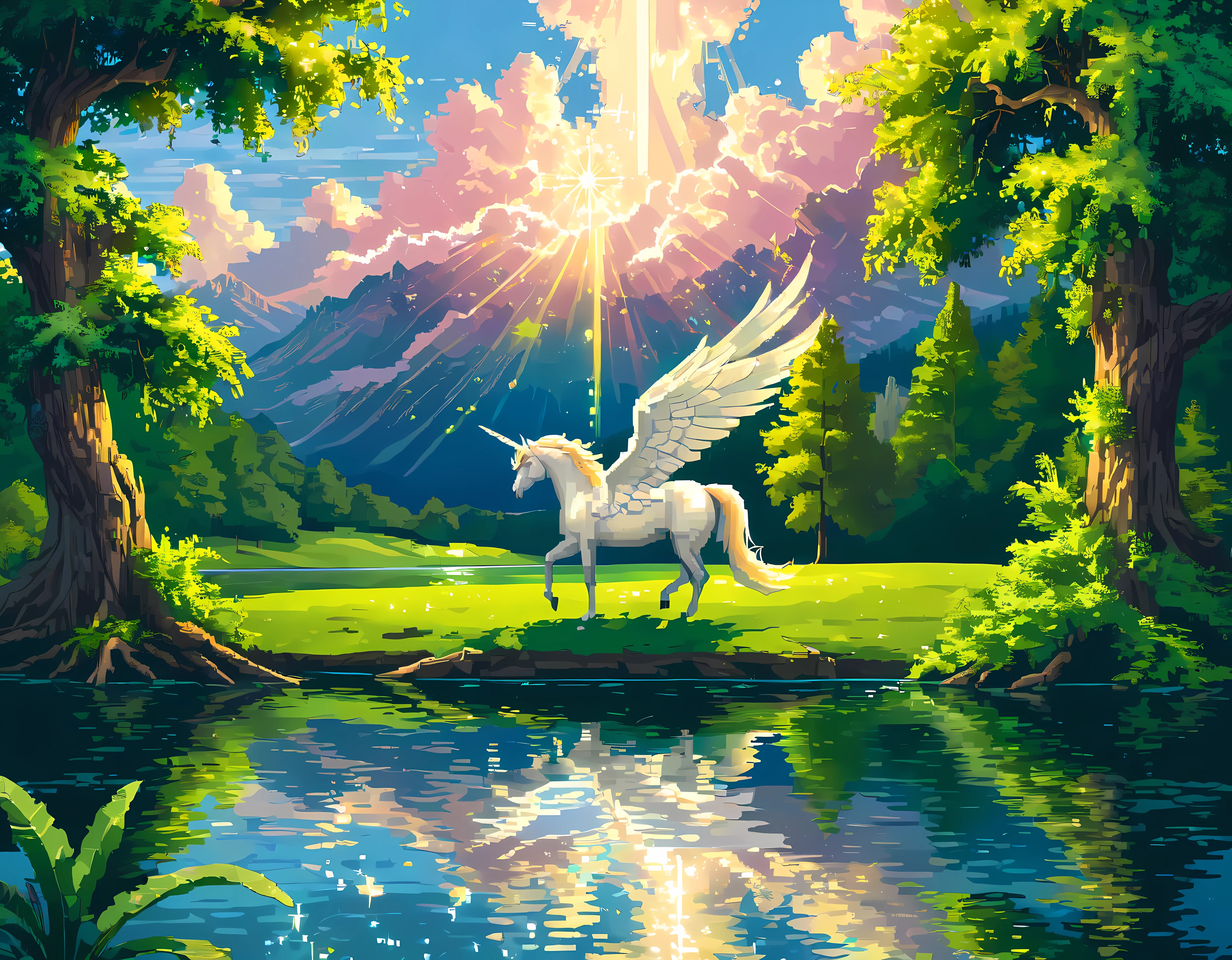 (best quality,4k,8k,highres,masterpiece:1.2),ultra-detailed,(realistic,photorealistic,photo-realistic:1.37),((pixel art):1.5), majestic pegasus, flying, above lake, beautiful landscape, magical atmosphere, vibrant colors, sparkling water, lush green trees, dreamlike clouds, serene reflection, graceful movement, sunlight peeking through the clouds, ethereal glow, detailed feathers, detailed wings, elegant creature, tranquility