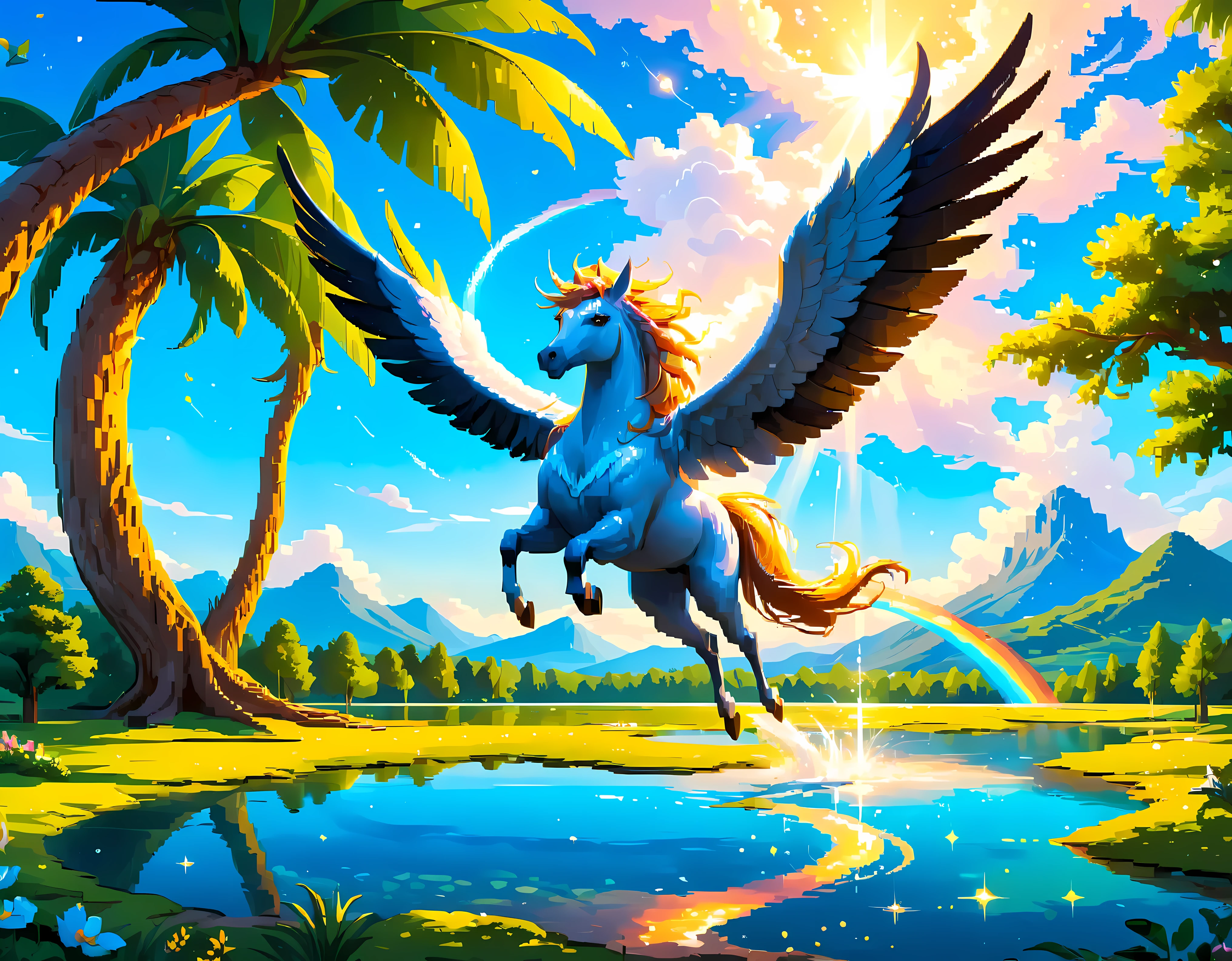 (best quality,4k,8k,highres,masterpiece:1.2),ultra-detailed,(realistic,photorealistic,photo-realistic:1.37),((pixel art):1.5), majestic pegasus, flying, above lake, beautiful landscape, magical atmosphere, vibrant colors, sparkling water, lush green trees, dreamlike clouds, serene reflection, graceful movement, sunlight peeking through the clouds, ethereal glow, detailed feathers, detailed wings, elegant creature, tranquility