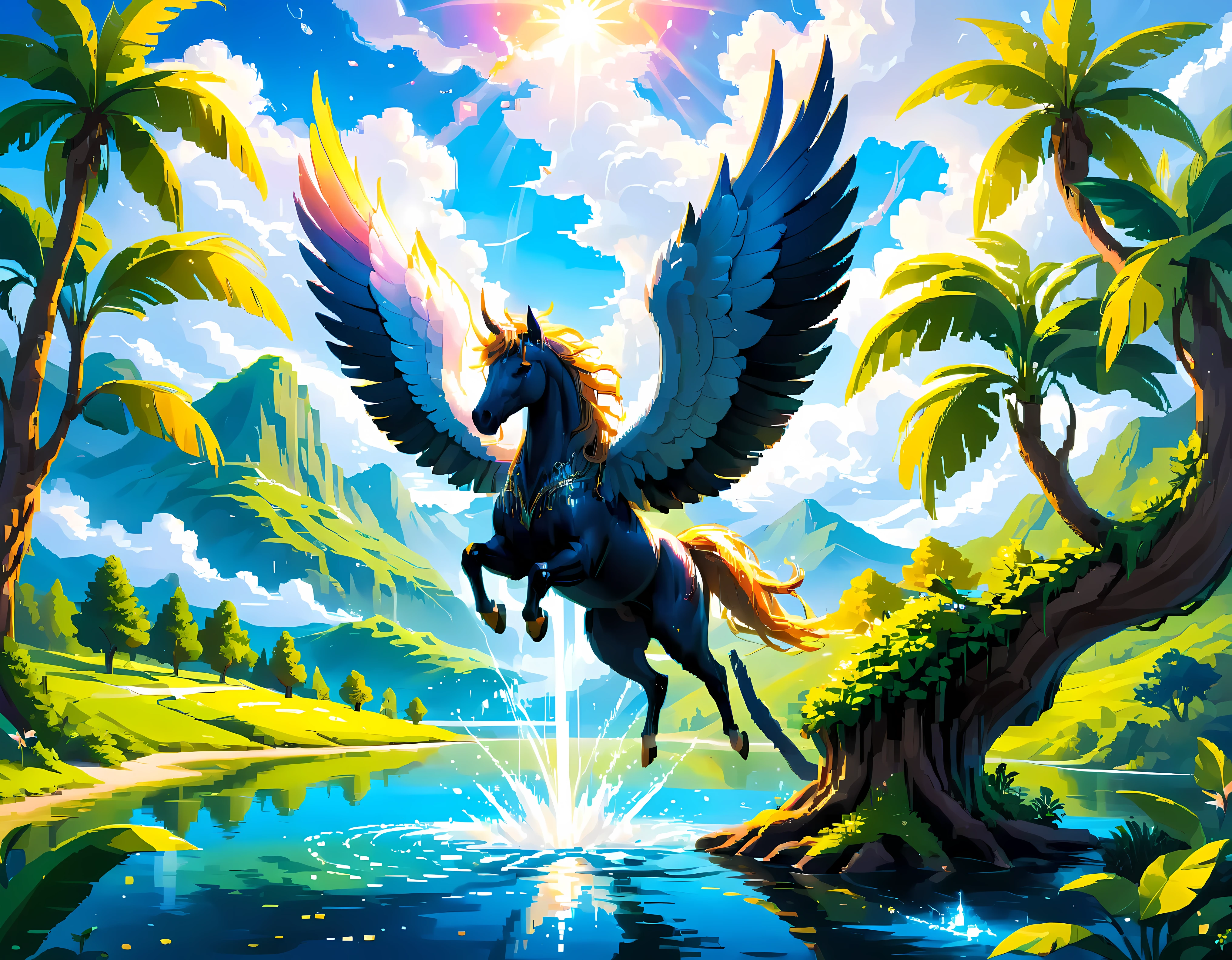 (best quality,4k,8k,highres,masterpiece:1.2),ultra-detailed,(realistic,photorealistic,photo-realistic:1.37),((pixel art):1.5), majestic pegasus, flying, above lake, beautiful landscape, magical atmosphere, vibrant colors, sparkling water, lush green trees, dreamlike clouds, serene reflection, graceful movement, sunlight peeking through the clouds, ethereal glow, detailed feathers, detailed wings, elegant creature, tranquility