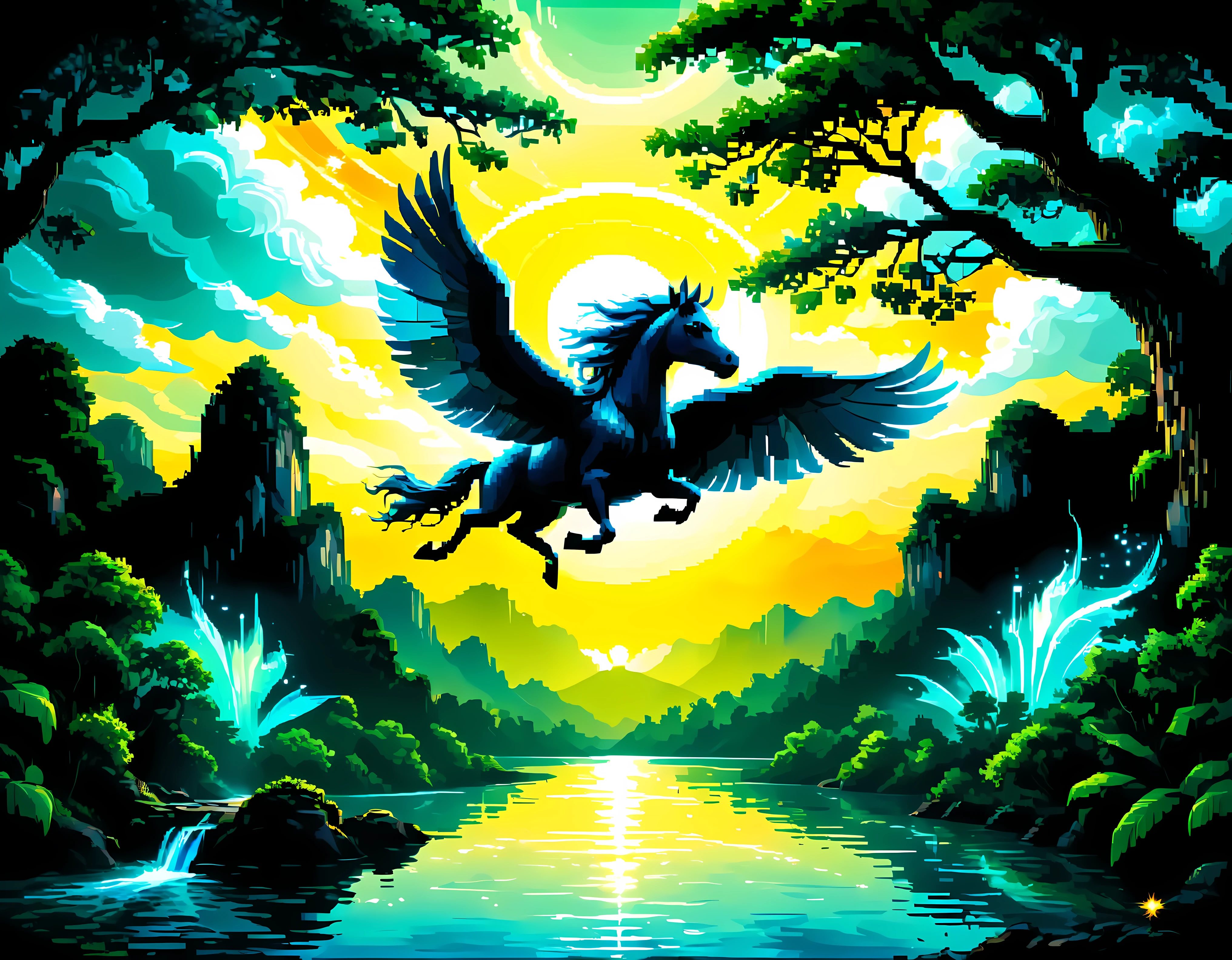 (best quality,4k,8k,highres,masterpiece:1.2),ultra-detailed,(realistic,photorealistic,photo-realistic:1.37),((pixel art):1.5), majestic pegasus, flying, above lake, beautiful landscape, magical atmosphere, vibrant colors, sparkling water, lush green trees, dreamlike clouds, serene reflection, graceful movement, sunlight peeking through the clouds, ethereal glow, detailed feathers, detailed wings, elegant creature, tranquility
