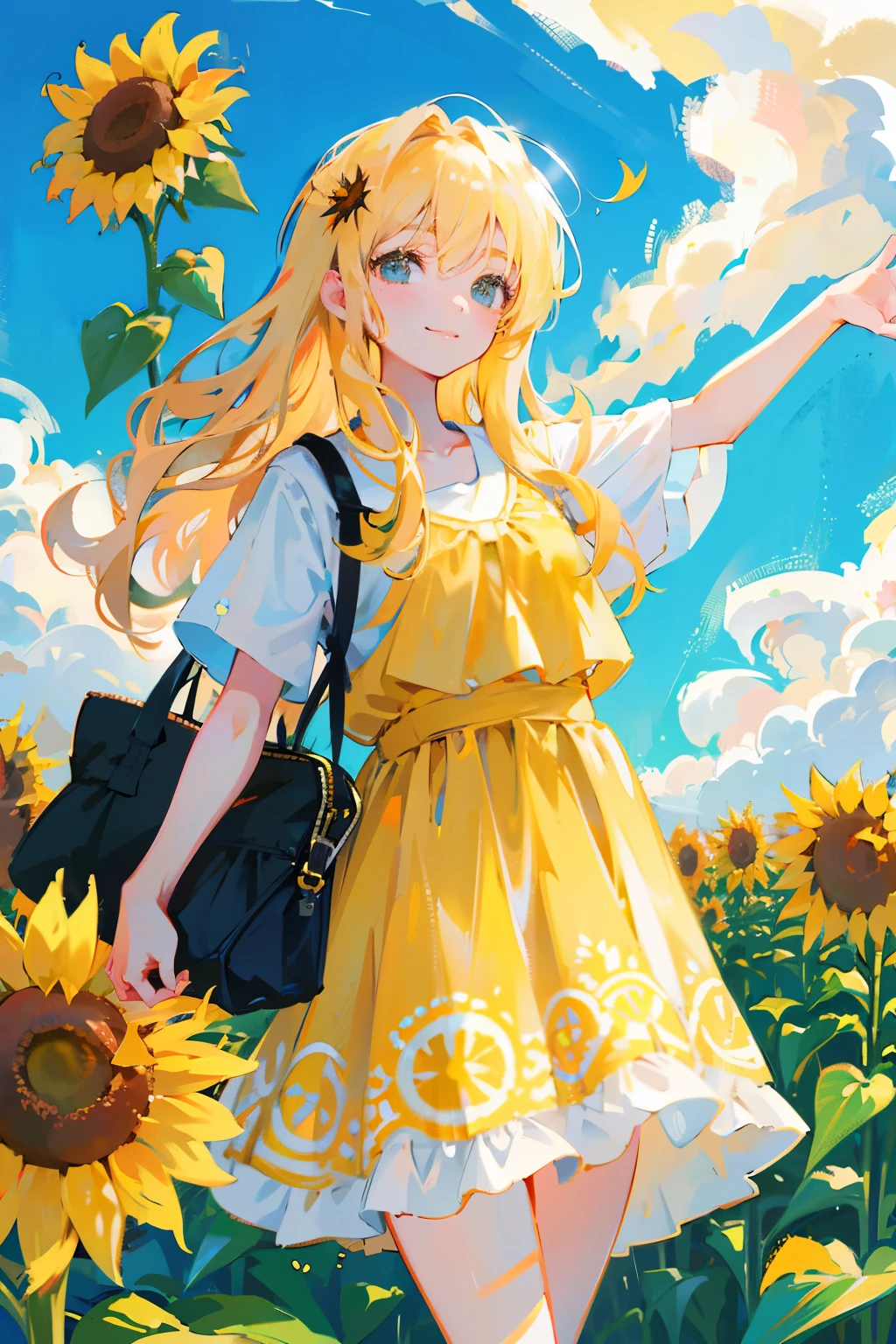 In the midst of a sun-kissed day, a blonde cute girl with a sunflower in hand is depicted in an anime style. The scene is painted with a minimalist approach, minimal colors used to add depth to the image. The girl, dressed in casual clothing, is shown with a bright, sunny background featuring a few vibrant sunflowers. Her long, wavy blonde hair frames her pretty face, her big, brown eyes looking directly at the viewer. The girl's subtle smile complements her simple yet charming minimalist outfit. She is the epitome of pure joy and contentment on this sunny day. The anime style brings the illustration to life, and the sunflow
