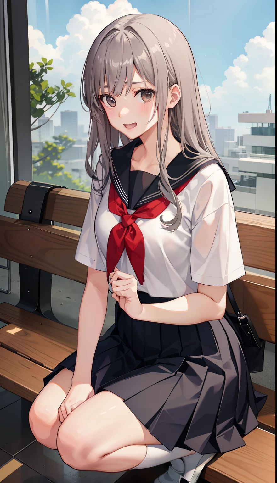 1 girl、laughter、shirt、skirt、（）i play、Japanese high school uniform、serafuku、summer clothes、Squall drenched uniform、（Sheerbra）、upper body portrait、gray hair、squatting bench、