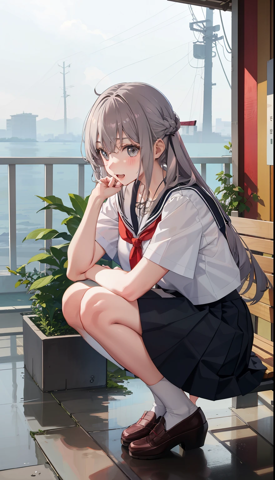 1 girl、laughter、shirt、skirt、()i play、Japanese high school uniform、serafuku、summer clothes、Squall drenched uniform、(Sheerbra)、upper body portrait、gray hair、squatting bench、