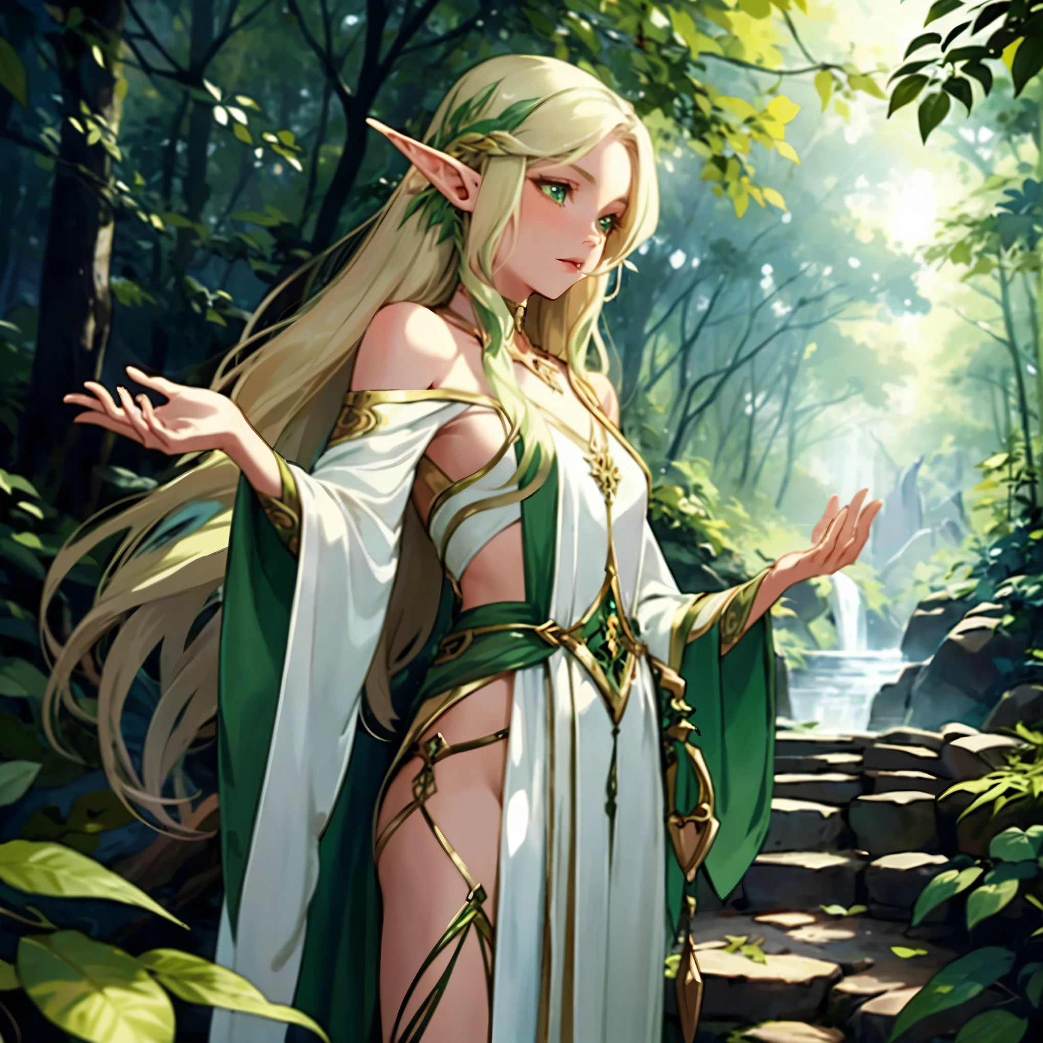 An elf that has striking features inherited from their elven heritage, with piercing green eyes and long, flowing hair that seems to shimmer like sunlight filtering through the leaves of a forest canopy. They typically dress in simple, earth-toned robes adorned with intricate symbols and charms representing their connection to the spirit realm.