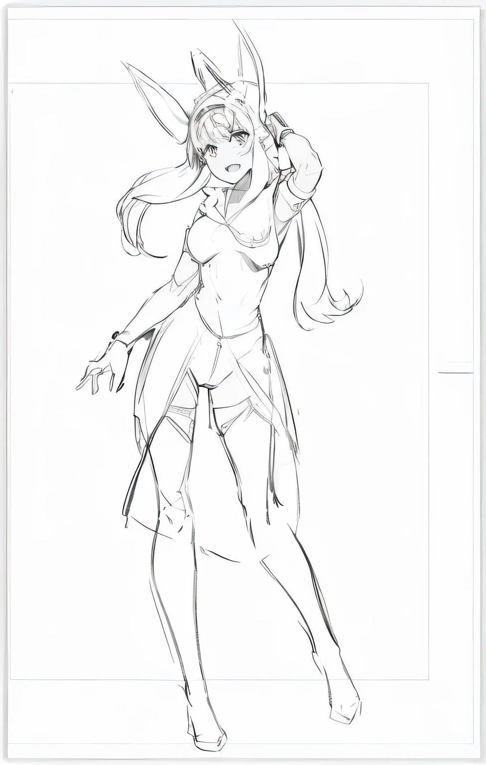 ((1 girl,20 years old,mature female)),solo,white hair,long hair,(((white skin,pale skin,colored skin))),elf ear,(((naked))),(white background,line drawing),looking to viewer,hair between eyes,full body,flying