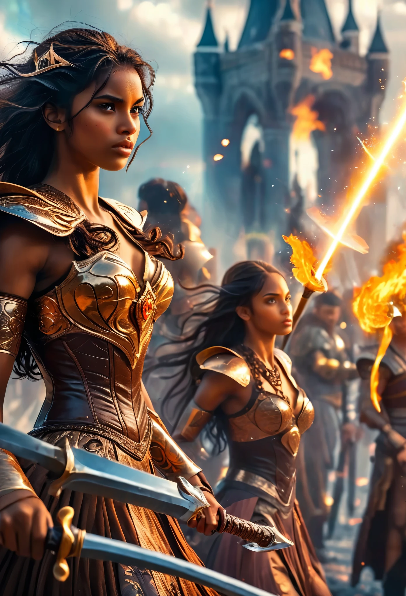 In a celestial landscape, people dressed luxuous, differents faces, they are all darkskin, (((young, in 20's))) (((brown skin men and brown skin women fighting))), (((young brown skin long dark hair duke:1.3 and prince:1.4))), (((brown skin dark hair women))) and (((one brown hair women1.3))), (they are différent and separate couples1.2). (couples of judge:1.2, princes:1.2, princesses:1.3, warriors:1.4). couples are a brown skin duke long dark curly hair with a dark long hair woman. couples are a brown skin duke curly dark hair with a short brown hair women, (((dark hair brown skin women and brownskin:1.5))) trying to kill him with gods swords and lances, dangerous scene, war, battle, chaostic, gods war, fire and fury, destruction, explosions, 8K, extremely detailed, high quality, (photorealistic:1.37), Full body, vibrant colors, perfect lighting, soulful expressions, celestial aura, majestic presence, dreamlike atmosphere, 8 k artistic photography, photorealistic concept art, soft natural volumetric cinematic perfect