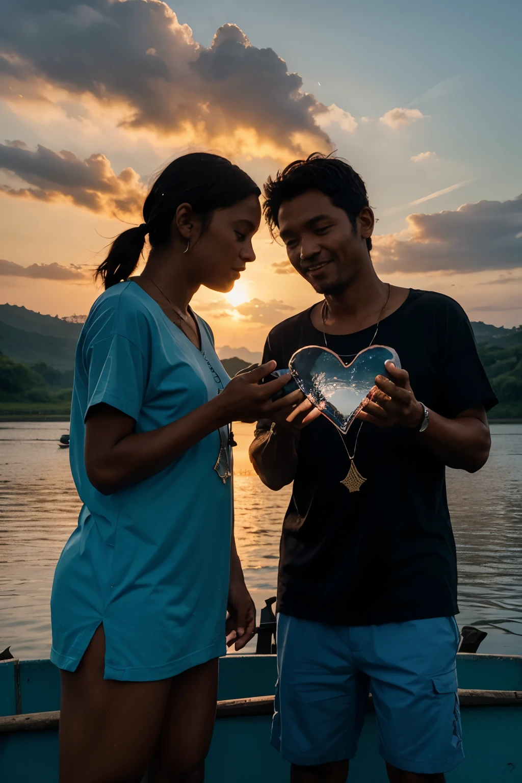 make me a logo type with transparent elements in png format a fisherman couple standing on a fishing boat showing caught fish together in the shape of a heart in silhouette with a river backdrop