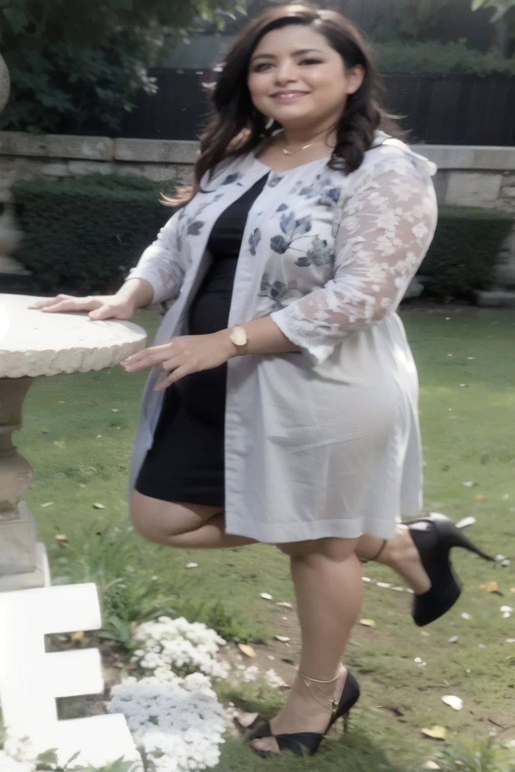 hay una mujer parada junto a un banco blanco en un parque, cuerpo completo picture, mini falda corta, cuerpo completo shot!!, cuerpo completo!!, cuerpo completo!!!, bikini, Photoshoot, foto de cuerpo completo,
