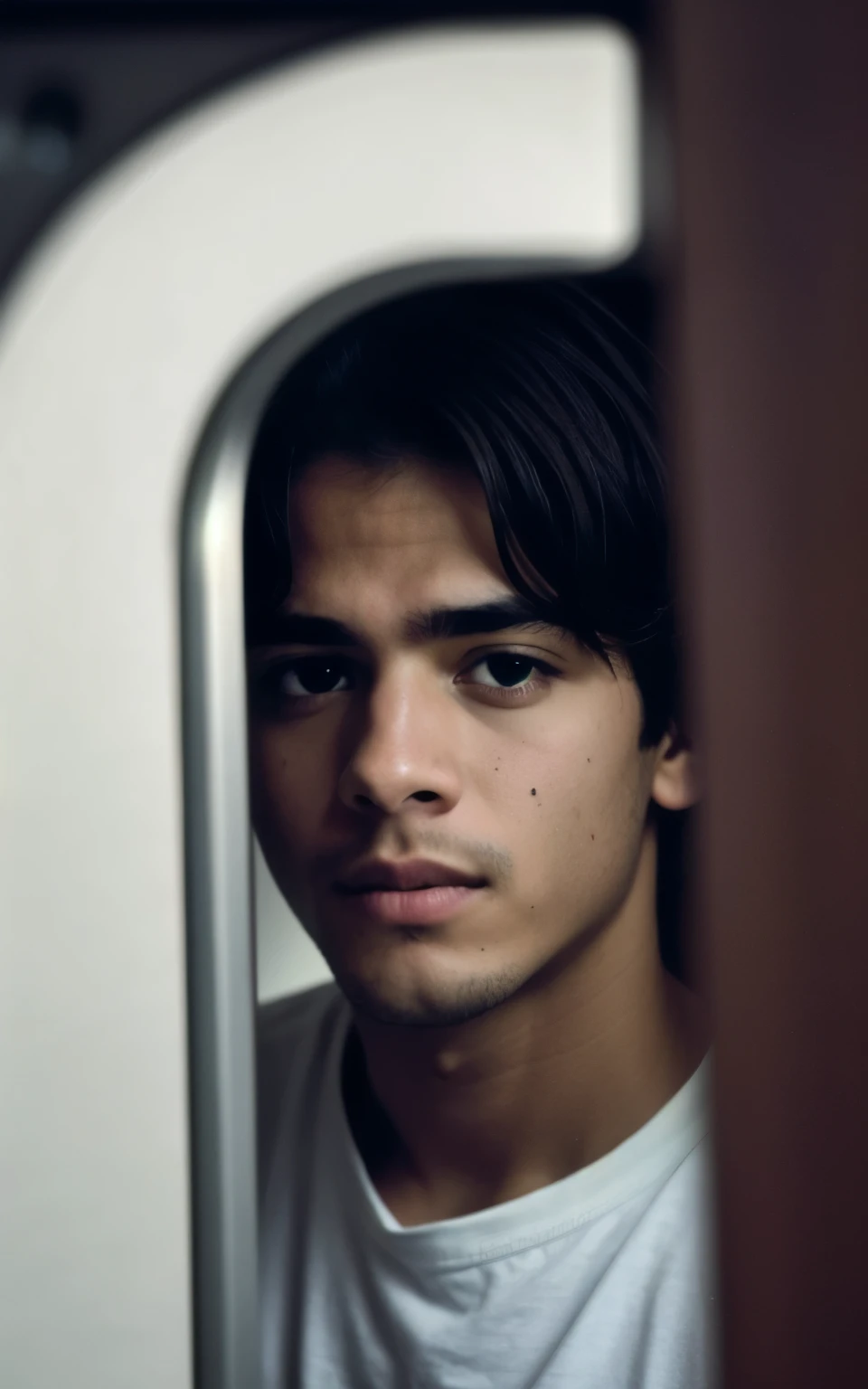 imagem de um celular e um jovem triste aparece dentro do celular. imagem cinematografica e realista. 
