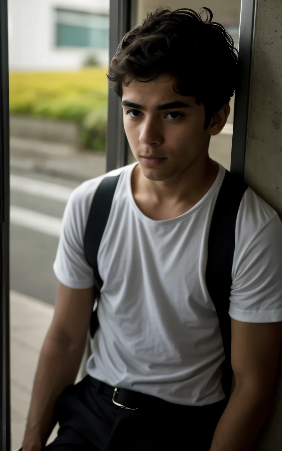 imagem de um celular e um jovem triste aparece dentro do celular. imagem cinematografica e realista.