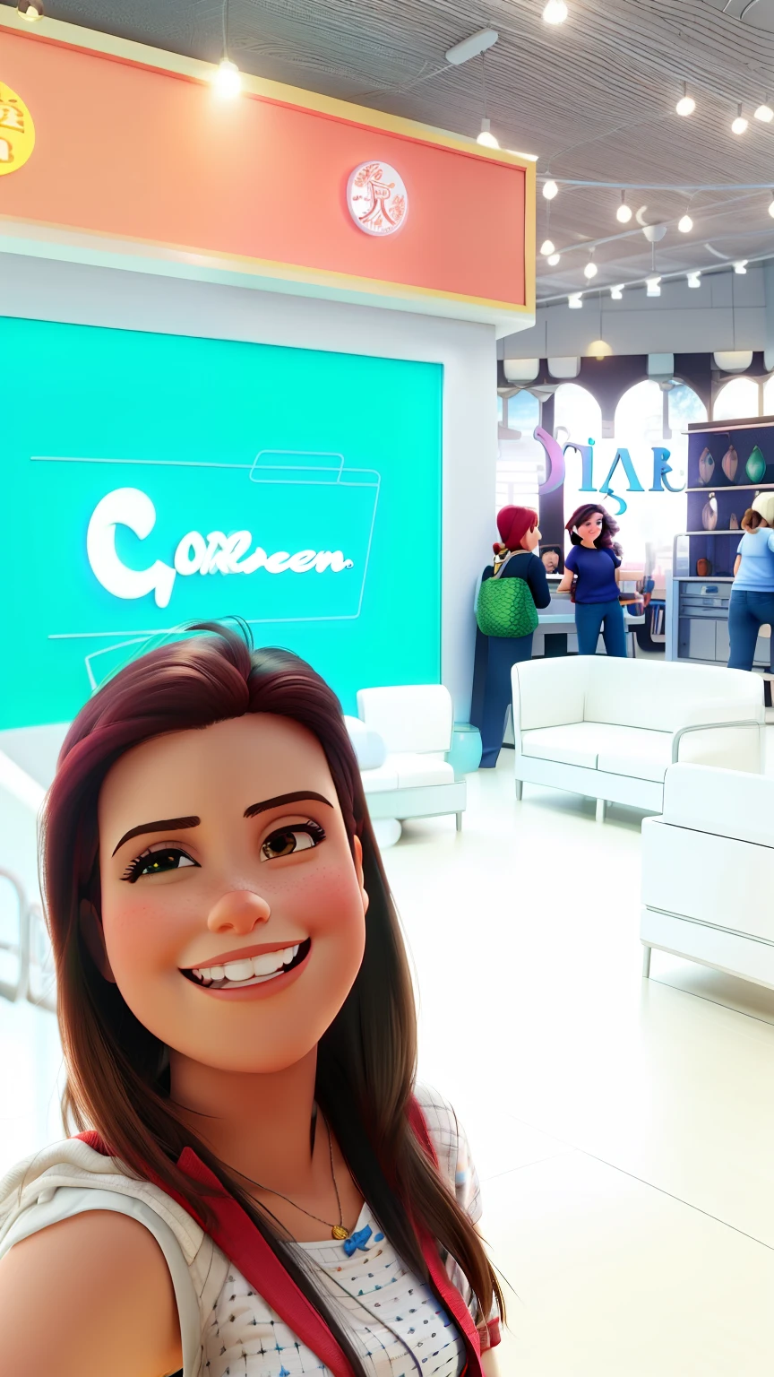 mulher no estilo Disney Pixar, branca, cabelo castanho , sorrindo