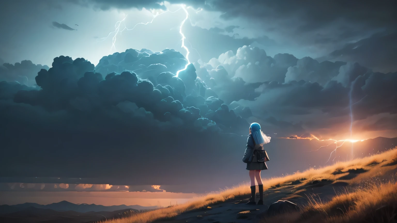 une fille russe aux cheveux bleu clair debout sur un éclair derrière elle, nuage, ultra realistic