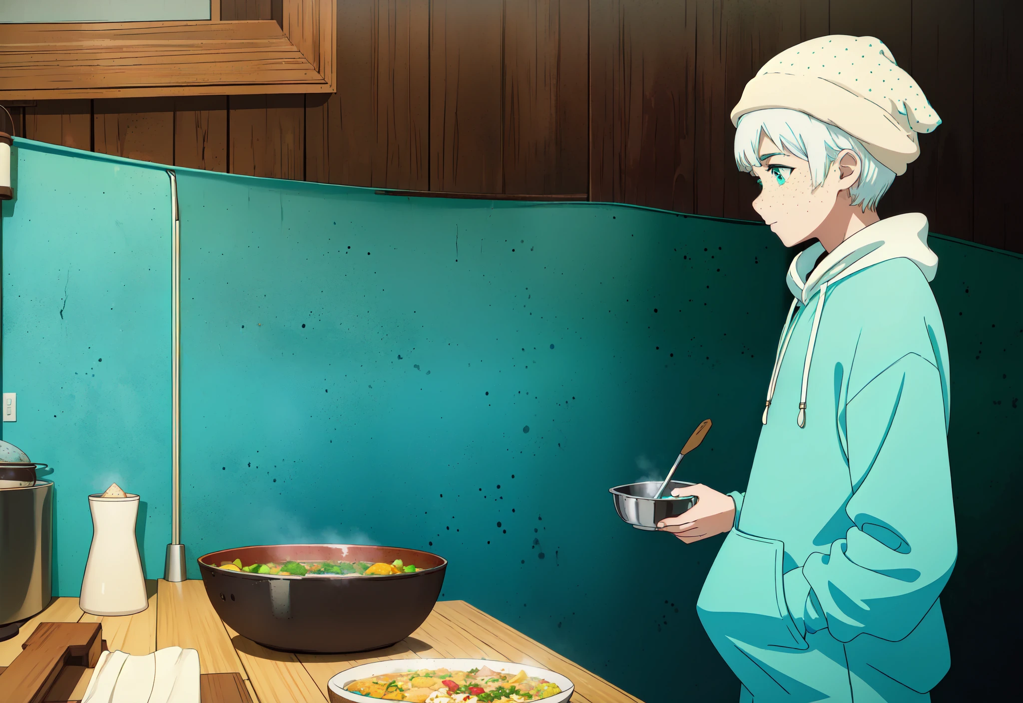 ((boy)), ((turquoise eyeasterpiece:1.2), Best quality, A high resolution, unity 8k wallpaper, (illustration:1.2), very detailed face , (perfect hands), (((black long hoodie: 1.2))), ((holey jeans :1.2)), ((White hair: 1.2)), (short hair), ((short bangs)), ((beanie hat on goals)), ((lime colored hat: 1.2)), (snub nose), ((((freckles)))), ((short stature)), (Thin), ((cooking soup in a saucepan)), (((SIDE VIEW))).