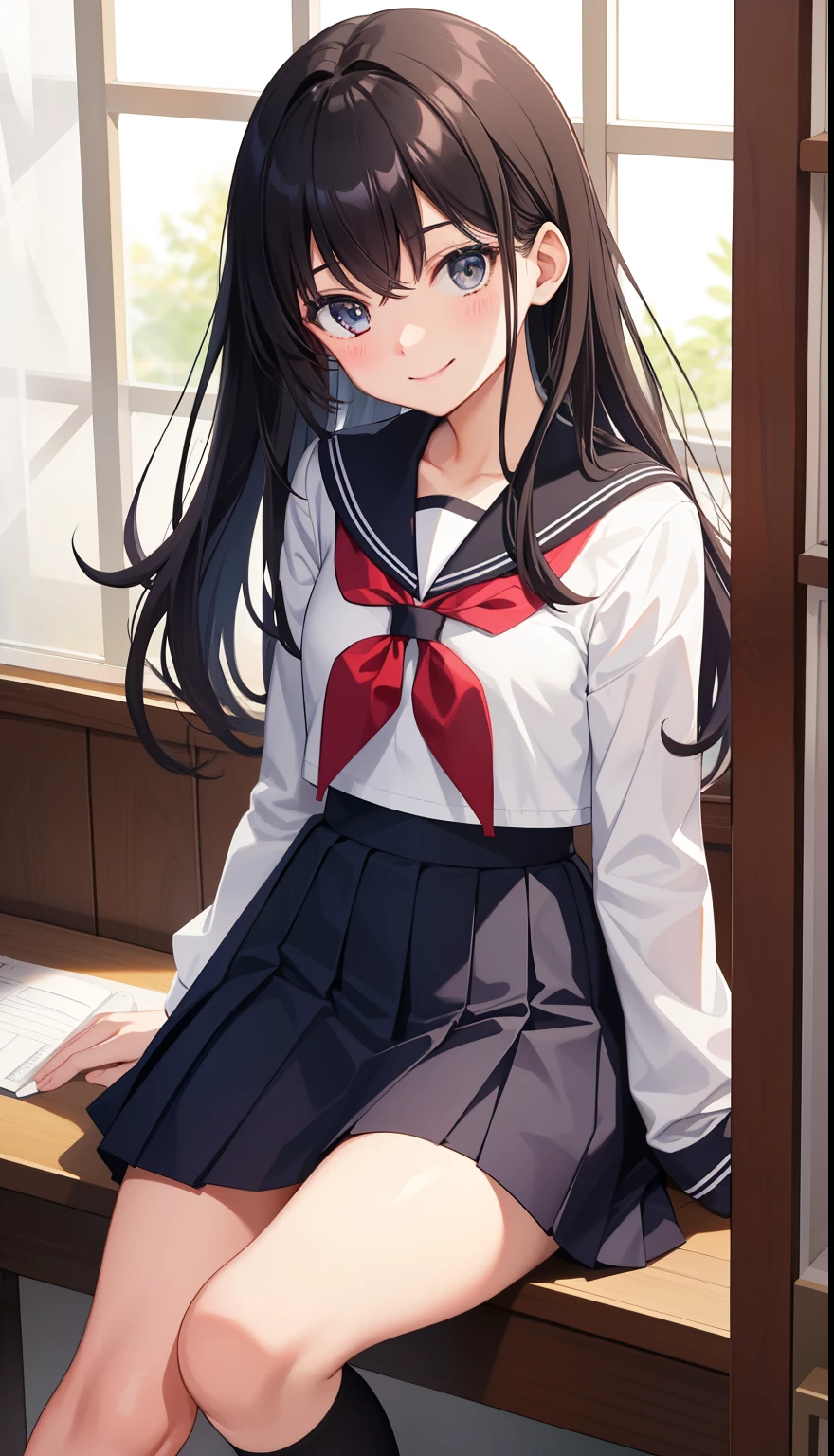 1 girl、smile、pretty girl、high school student、uniform、serafuku、(small breasts)、Portrait from the crotch to the top、