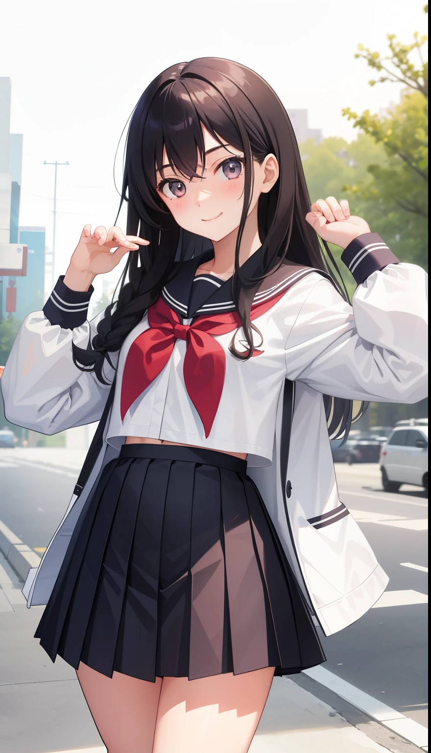 1 girl、smile、pretty girl、high school student、uniform、serafuku、(small breasts)、Portrait from the crotch to the top、