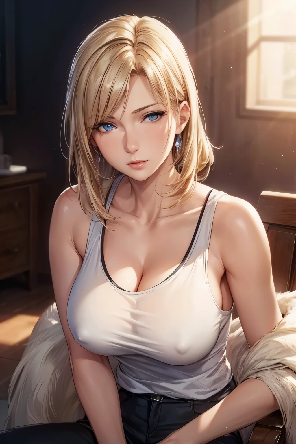 (best quality, highres, photorealistic), portrait, elegant mature woman, blue eyes, long hair, swept-side bang, blonde hair, see through tank top, big breast, ultra detailed cg 8k, beautiful cg, soft light