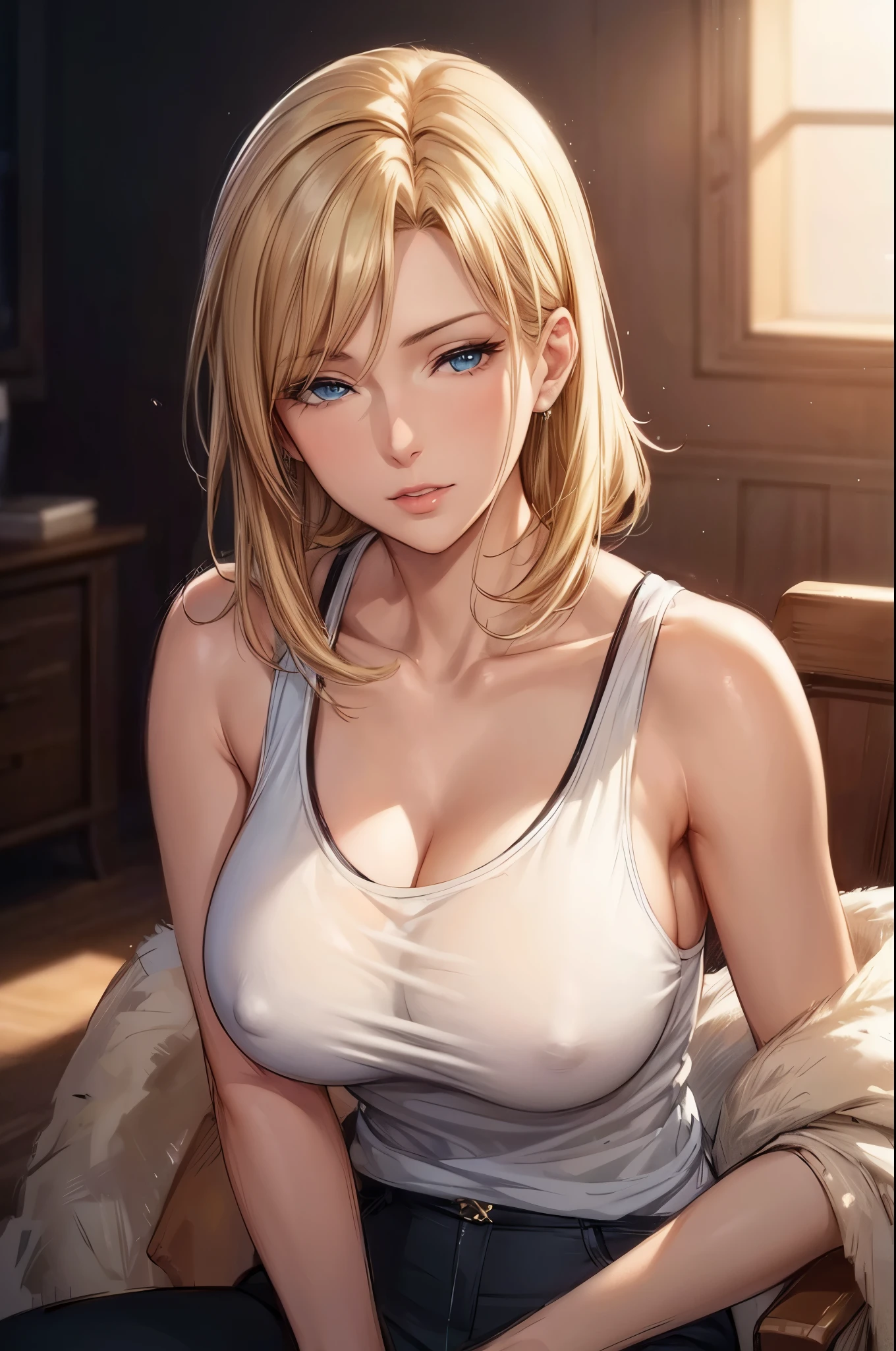 (best quality, highres, photorealistic), portrait, elegant mature woman, blue eyes, long hair, swept-side bang, blonde hair, see through tank top, big breast, ultra detailed cg 8k, beautiful cg, soft light