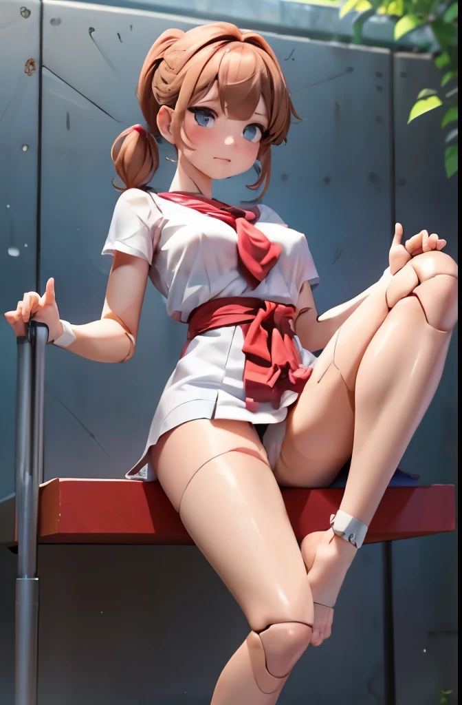 A Female robot is sleeping in forest, spread legs, nude, banzai pose. she wears no dress. She Brown short hair is tied with two big red clothespins, She lifts up the under hem of her white plain dress, leaning over, masterpiece, very short pigtails,brown hair, mature, android, blue eyes, full body figure, Height: 160cm, flushed cheeks, 2020s anime picture, A beautiful robot with short brown hair in two short pigtails held up by two very large huge red clothespins, Uplifting, No NSFW, whole body, barefoot, archaic smile, getting orgasm, 25 years old, sweat bucket, in Obstetrics.