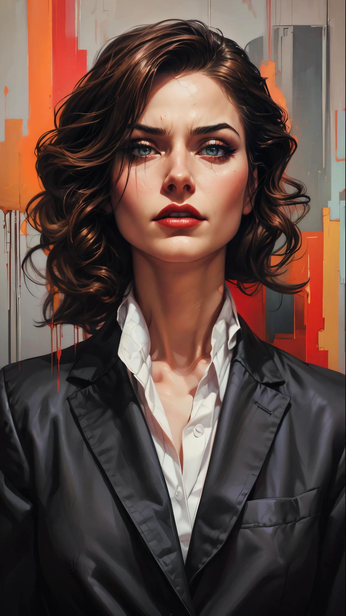 painting of a woman in a suit and red lipstick posing for a picture, elegant digital painting, stunning digital painting, gorgeous digital painting, digital art of an elegant, in style of digital illustration, oil painting of realistic woman, glossy digital painting, in style of digital painting, beautiful digital painting, beautiful digital artwork, stunning digital illustration, portrait digital art, digital art portrait, e pic portrait of menacing, epic portrait illustration, epic ilustration, epic digital art, intense painting, powerful painting, wojtek fus, realistic fantasy art, epic game portrait, rob rey, portrait from hell, malevolent expression, horrific digital art, hyper real, hyper real ilustration